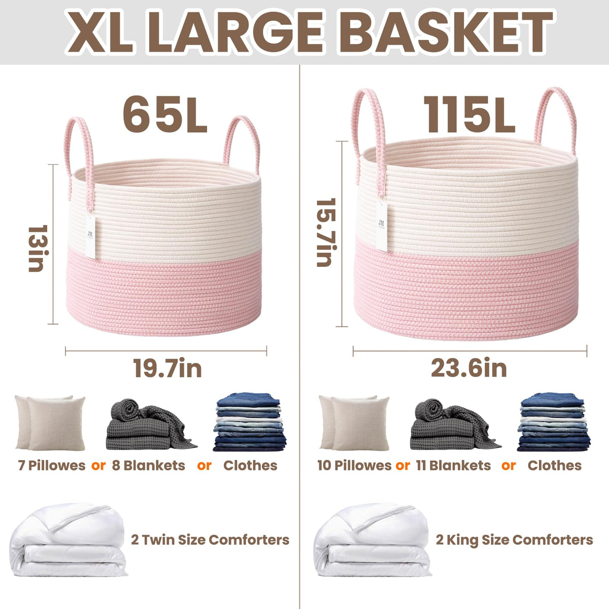 115L Extra Large Machine Washable Cotton Rope Blanket Basket