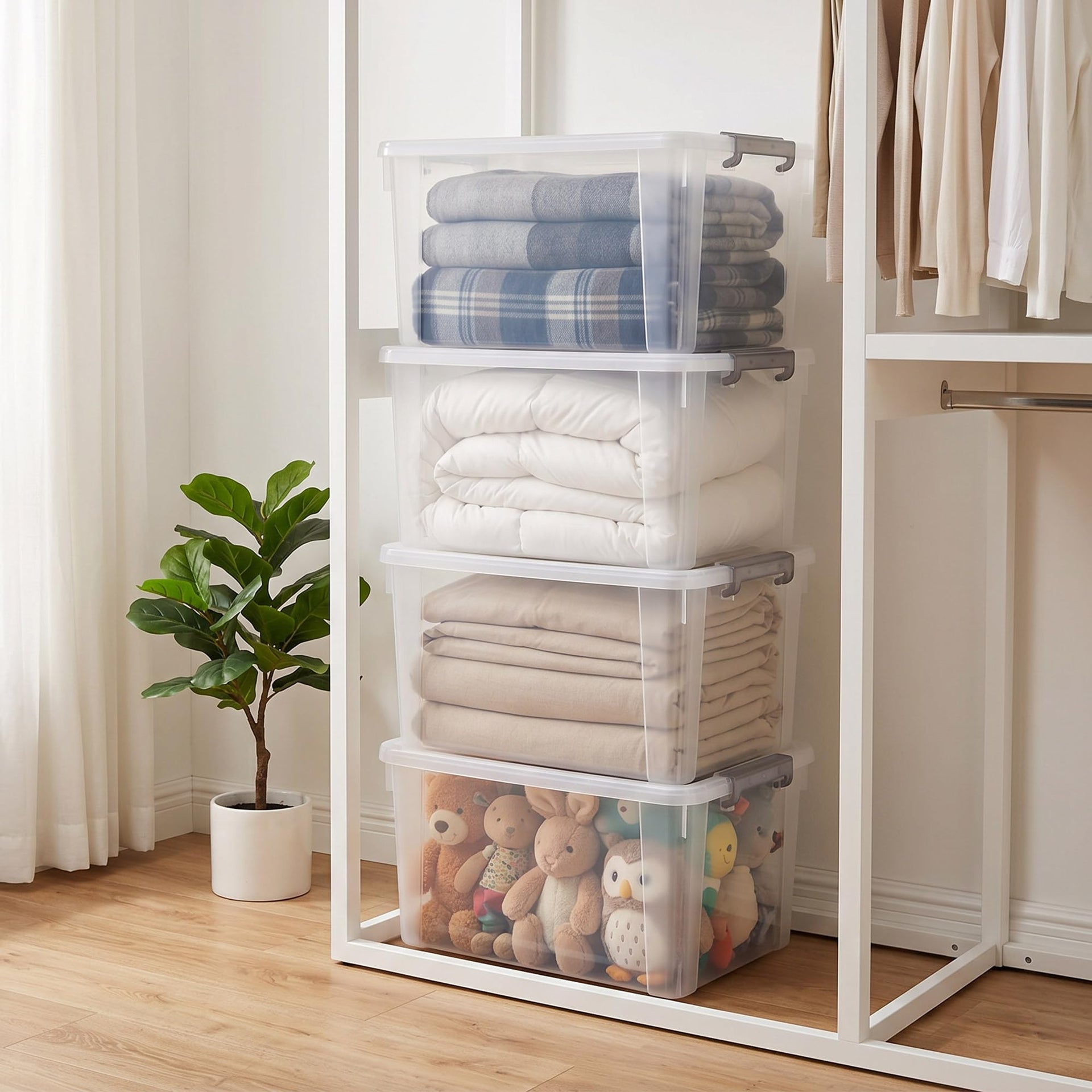 58.1 QT Plastic Storage Bins with Latching Lids Stackable Storage Containers for Organizing Large Clear Storage Box for Garage (4 Count)