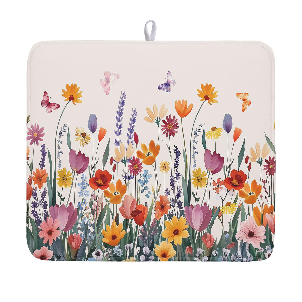 Spring Summer Flowers Dish Drying Mat for Kitchen Counter 16"x18" Colorful Floral Drying Mat Soft Absorbent Microfiber Farmhouse Fluttering Butterfly Dish Drainer Rack Mats for Counter tops