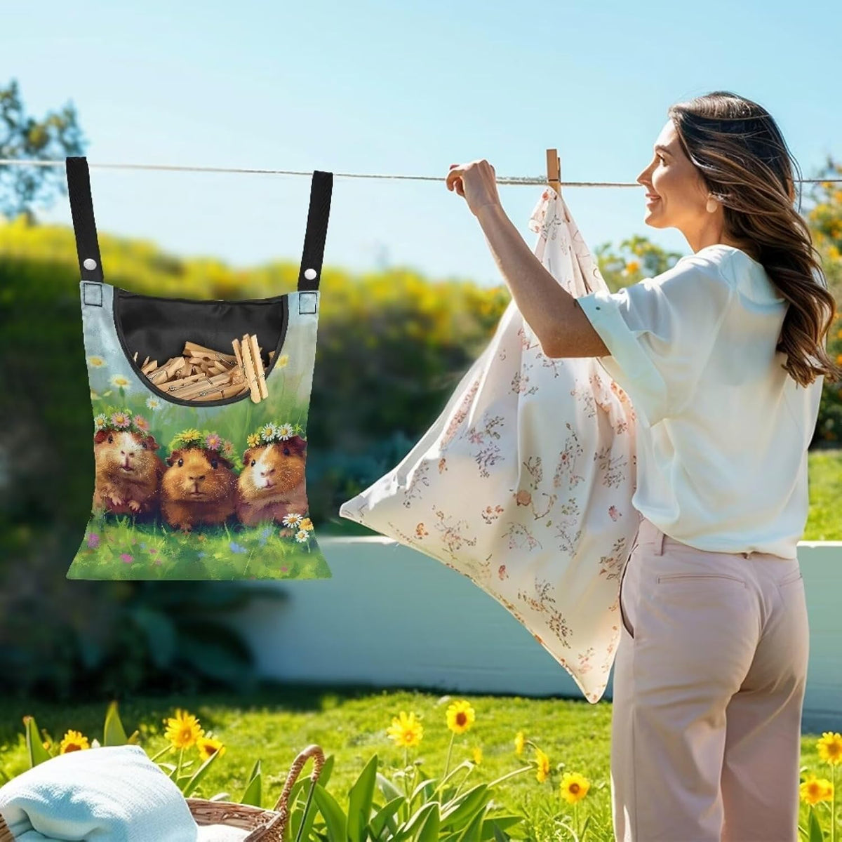 Guinea Pig Clothespin Bag Space-Saving Laundry Hanging Storage Organizer Clothes Pin Hanging Bag with Rope Holds 100 Clothes Pins for Clothesline Outdoor Portable Clothespin Storage