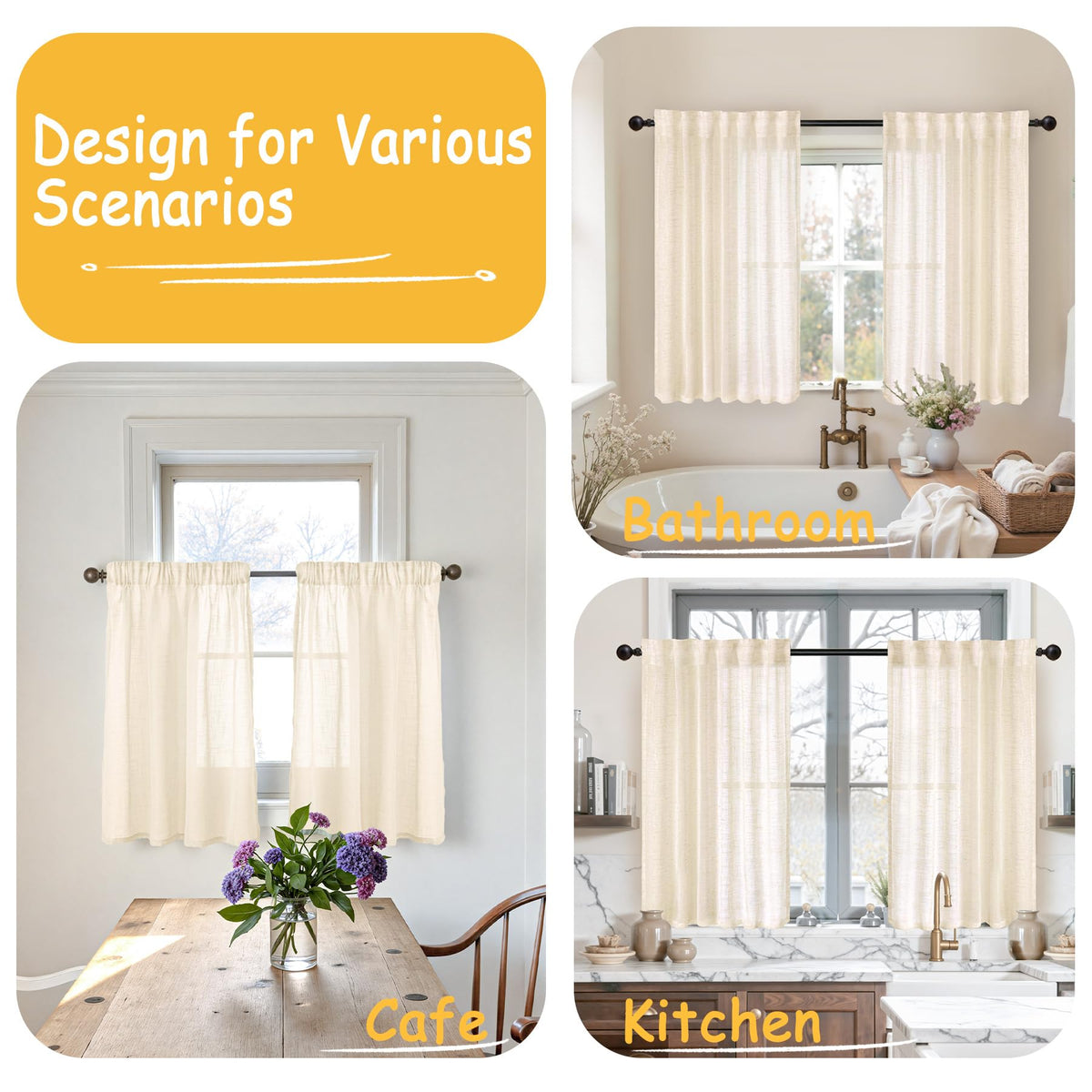Linen Semi Sheer Curtains 40 Inch Length for Kitchen Window (2 Count)