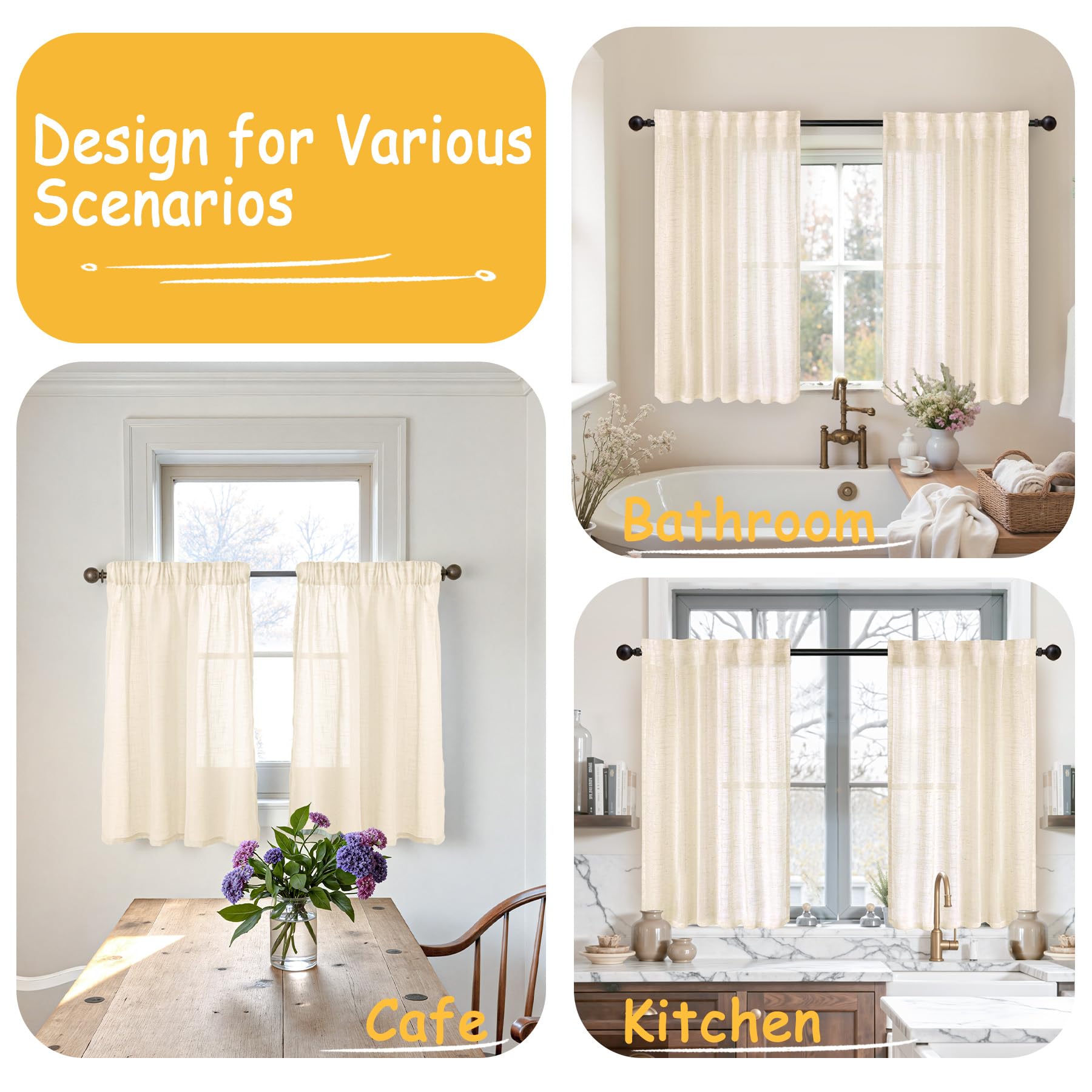 Linen Sheer Kitchen Window Curtains 36 Inch Length Small Drapes (2 Count)