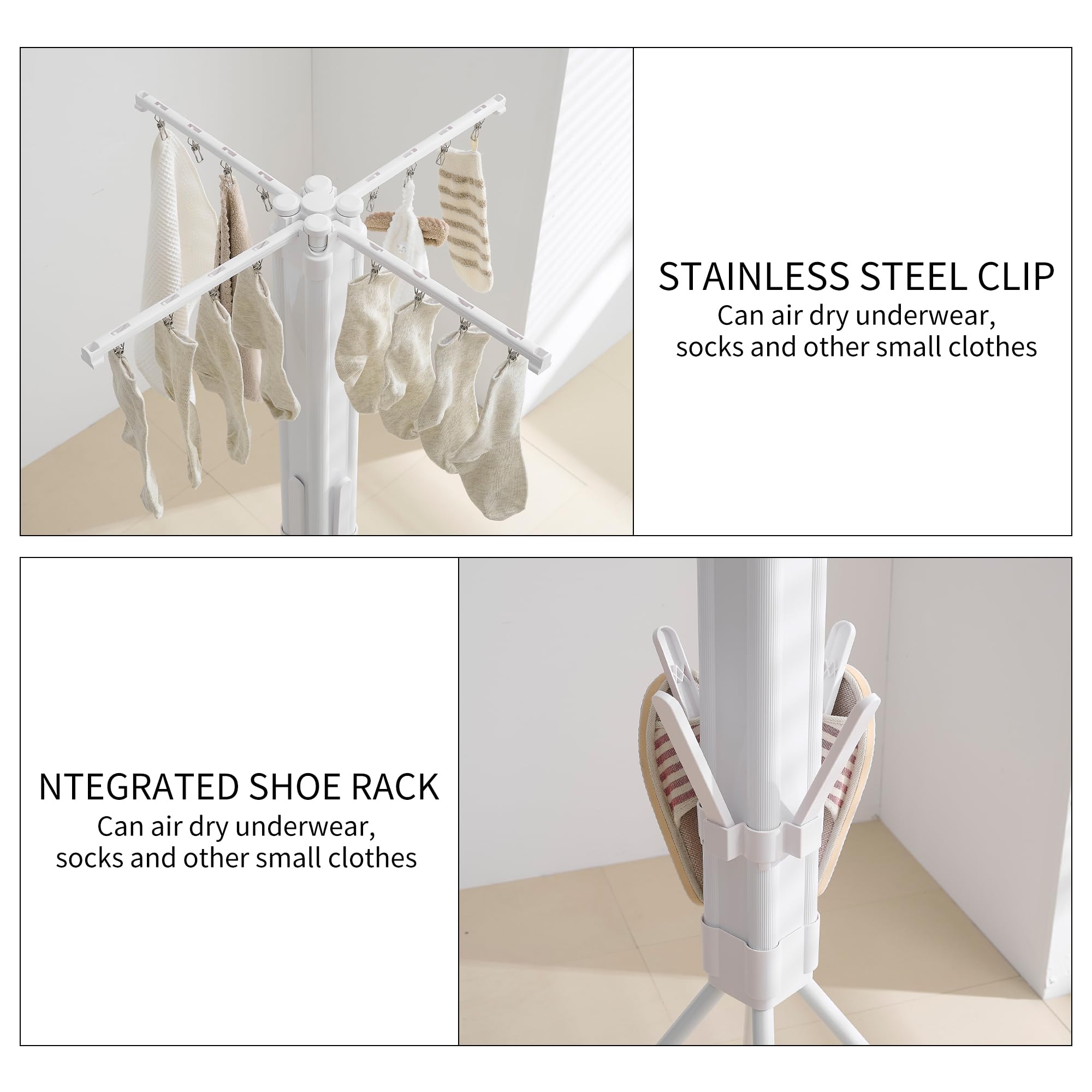 Foldable Clothes Drying Rack with Aluminum 4 Rods 16 Clips