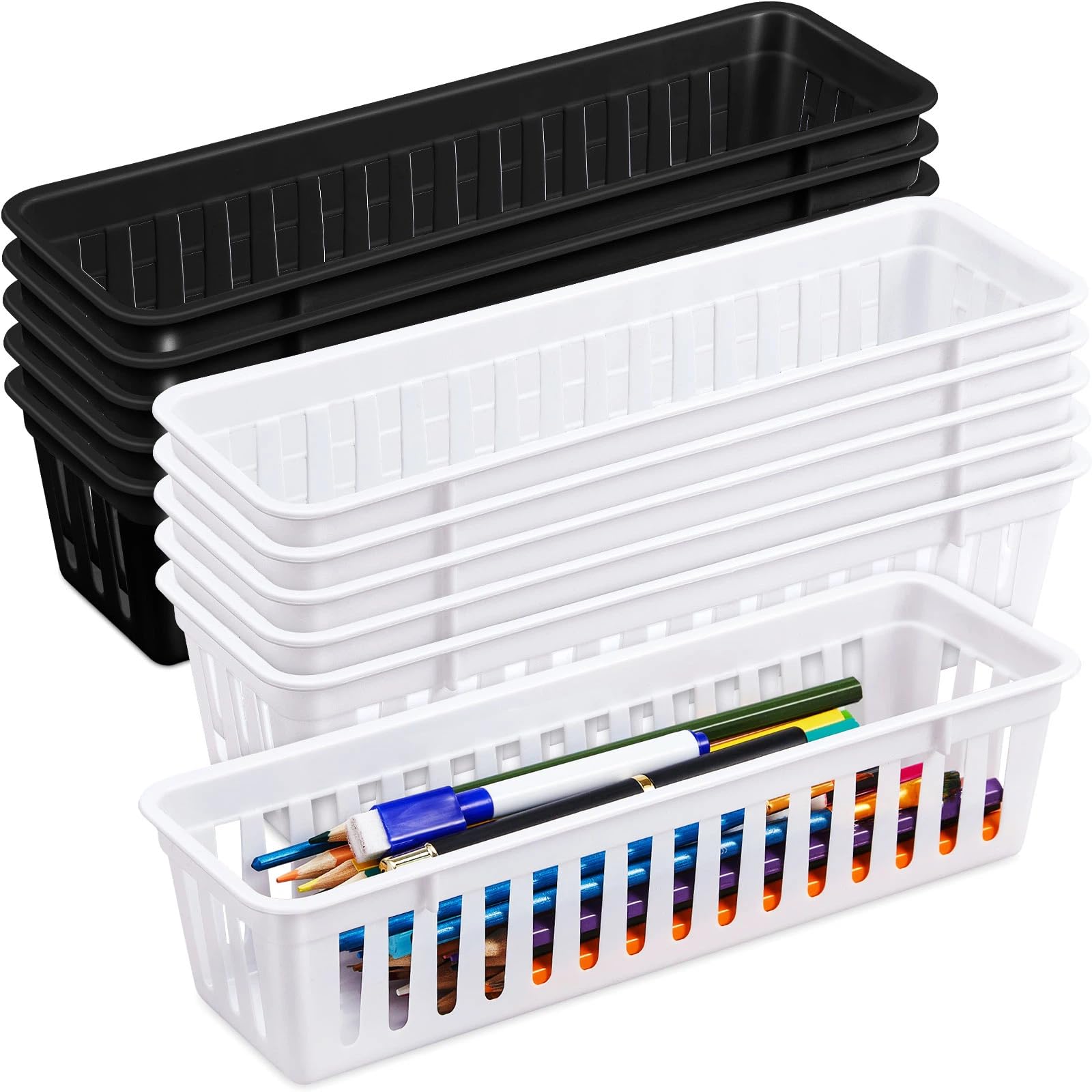 12 Pack Slim Plastic Storage Baskets Tray for Organizing 10.25x3.25x2.5 Inch Small Narrow Storage Bins Stackable Drawer Pencil Trays Holder for Desk Garage Cabinet Container (12 Count)