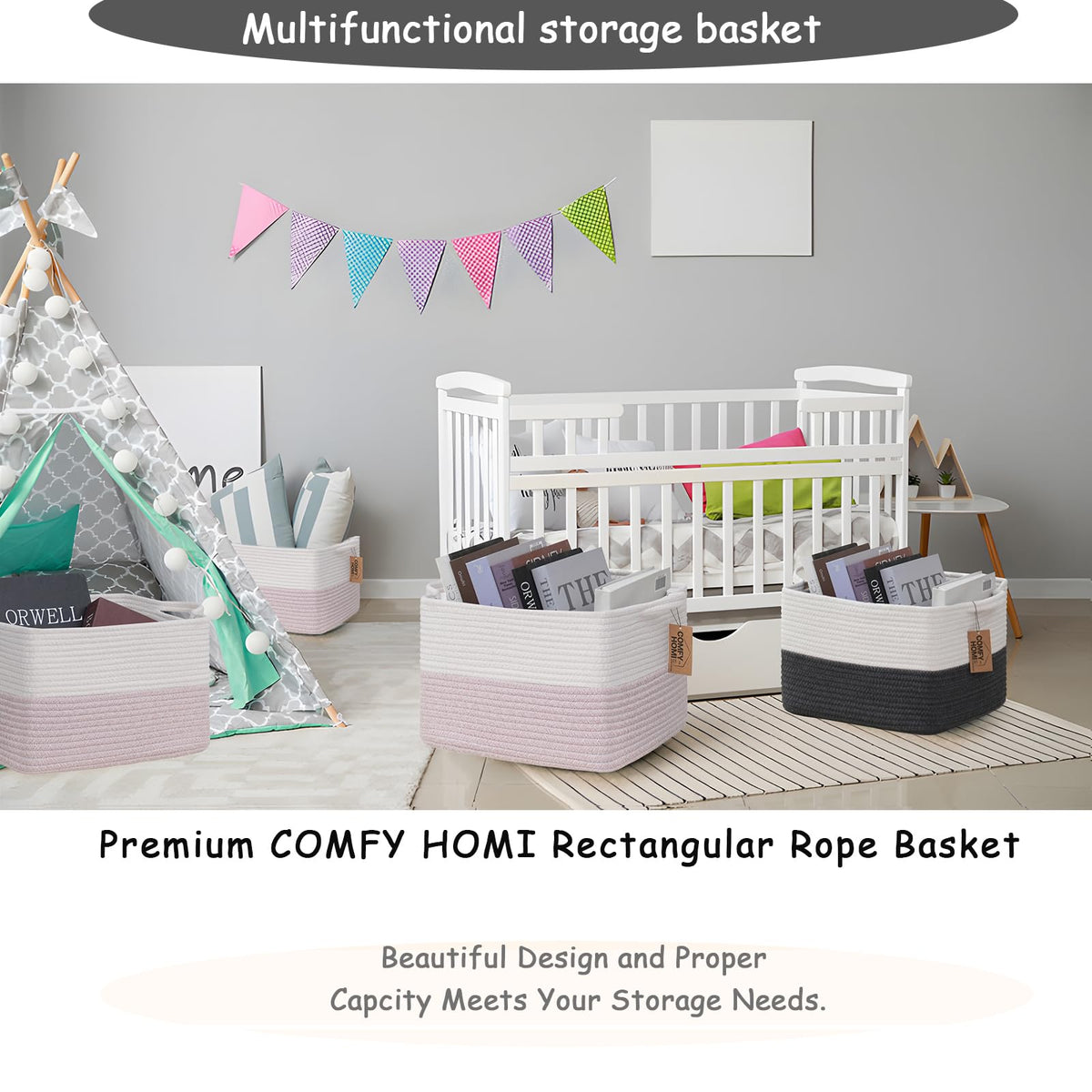 3PACK Cotton Rope Square baske with Handles for Shelves (3 Count)