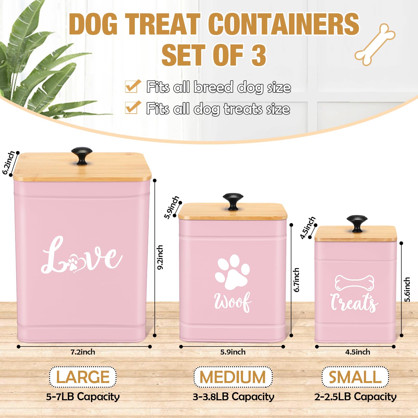 Metal Dog Treat Containers Set of 3 with Bamboo Lids and Spoon Airtight 7+3+2 lbs Dog Food Snack Jars with DIY Labels Big Pet Cookie Storage Jar for Kitchen Counter (3 Count)