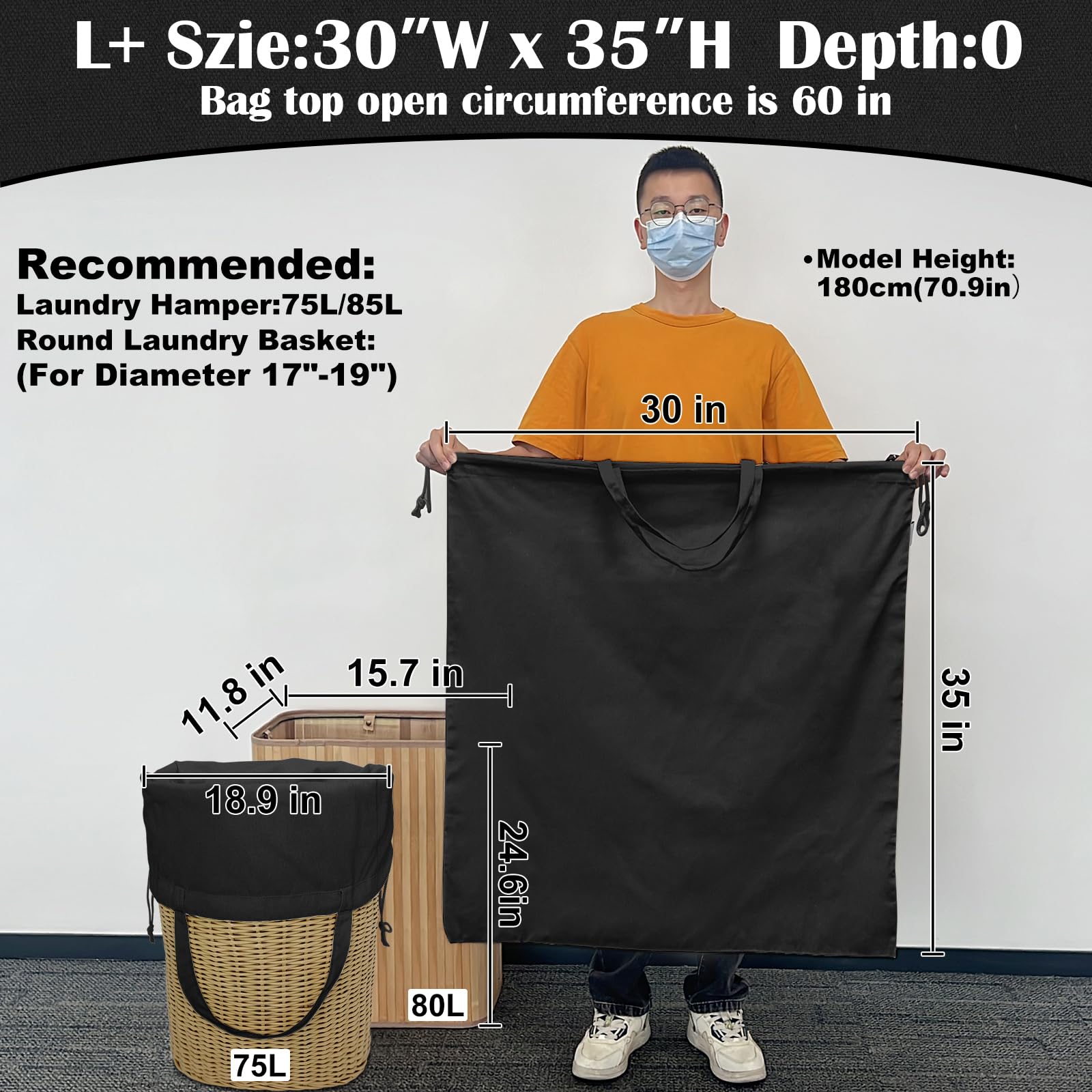 Heavy Duty Canvas Laundry Bag with Handles & Drawstring 30"Wx35"H