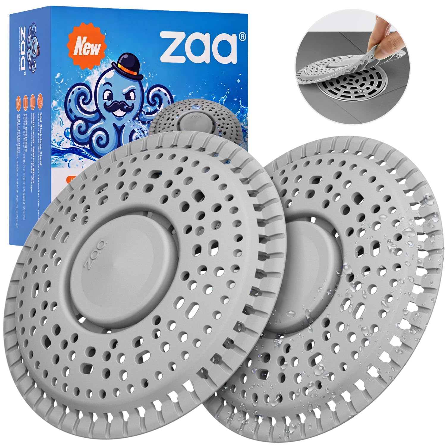 Shower Drain Hair Catcher Silicone Flat Floor Strainer Protector (2 Count)