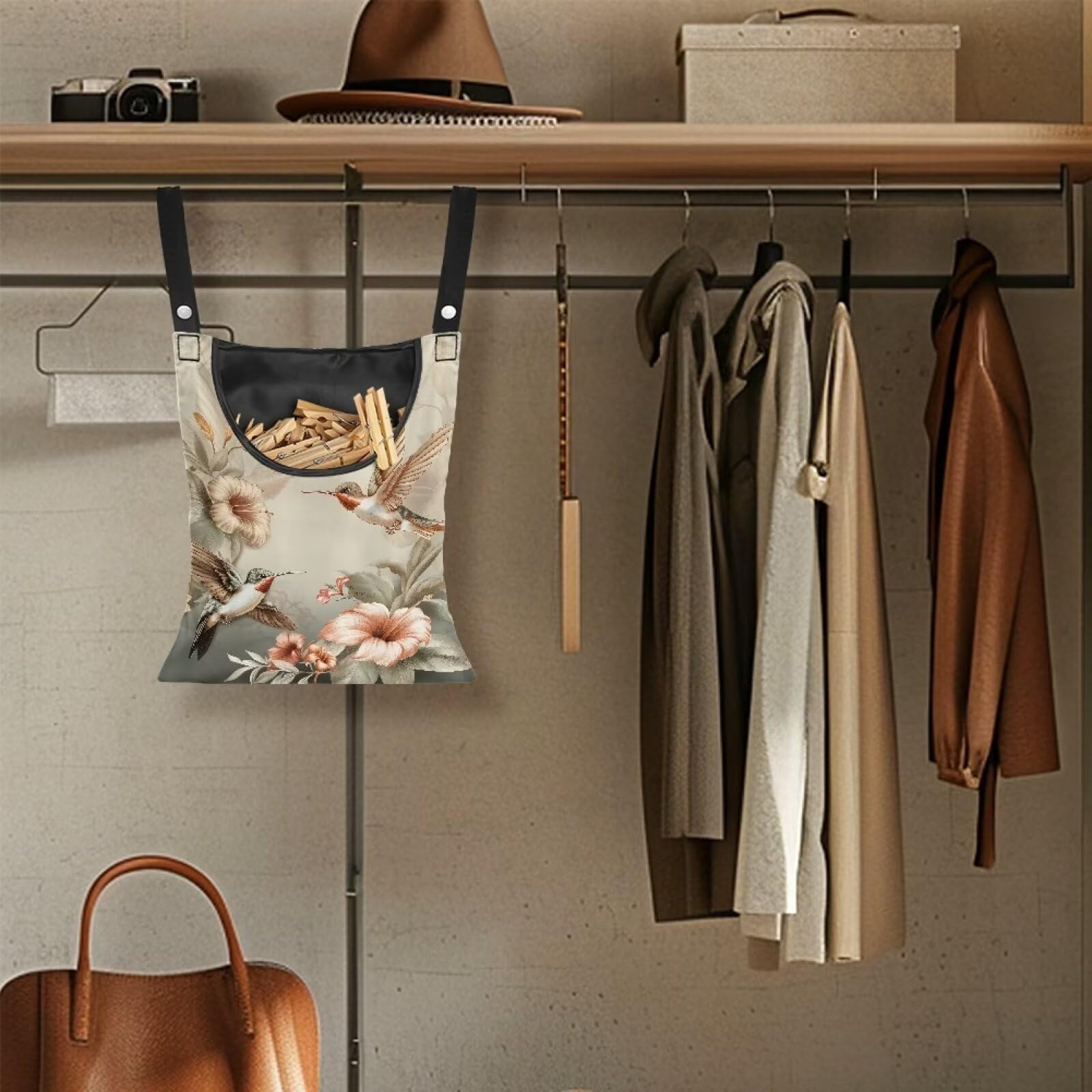 Hummingbird Clothes Pin Bag Poeny Flowers Clothes Pin Hanging Bag Fashion Clothespin Organizer Bag Portable Clothespin Storage with Large Opening Clothespin Storage for Small Items