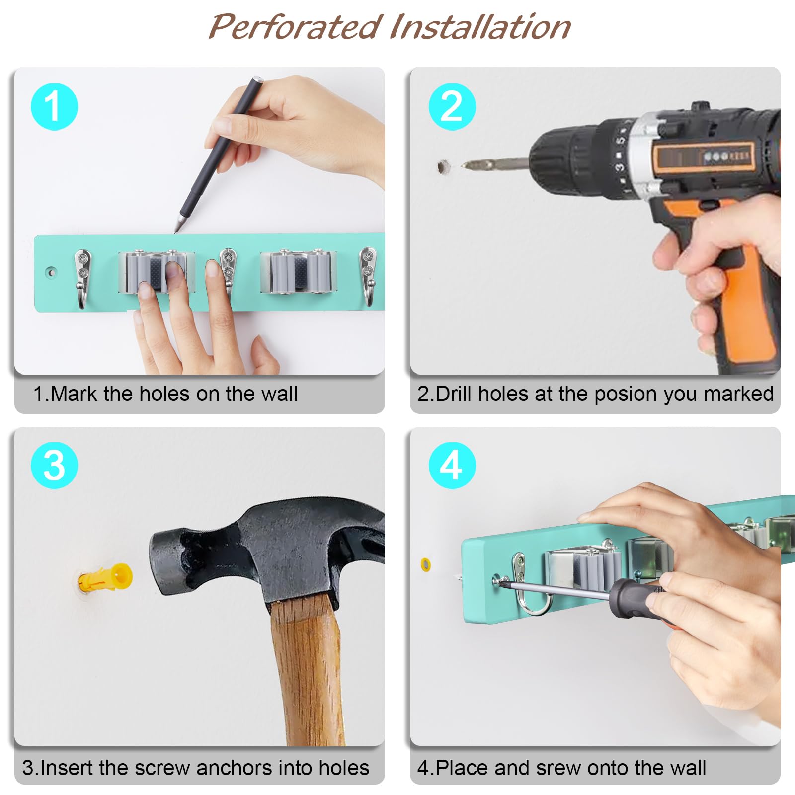 Turquoise Mop Broom Holder Wall Mount with 4 Slots & 4 Hooks
