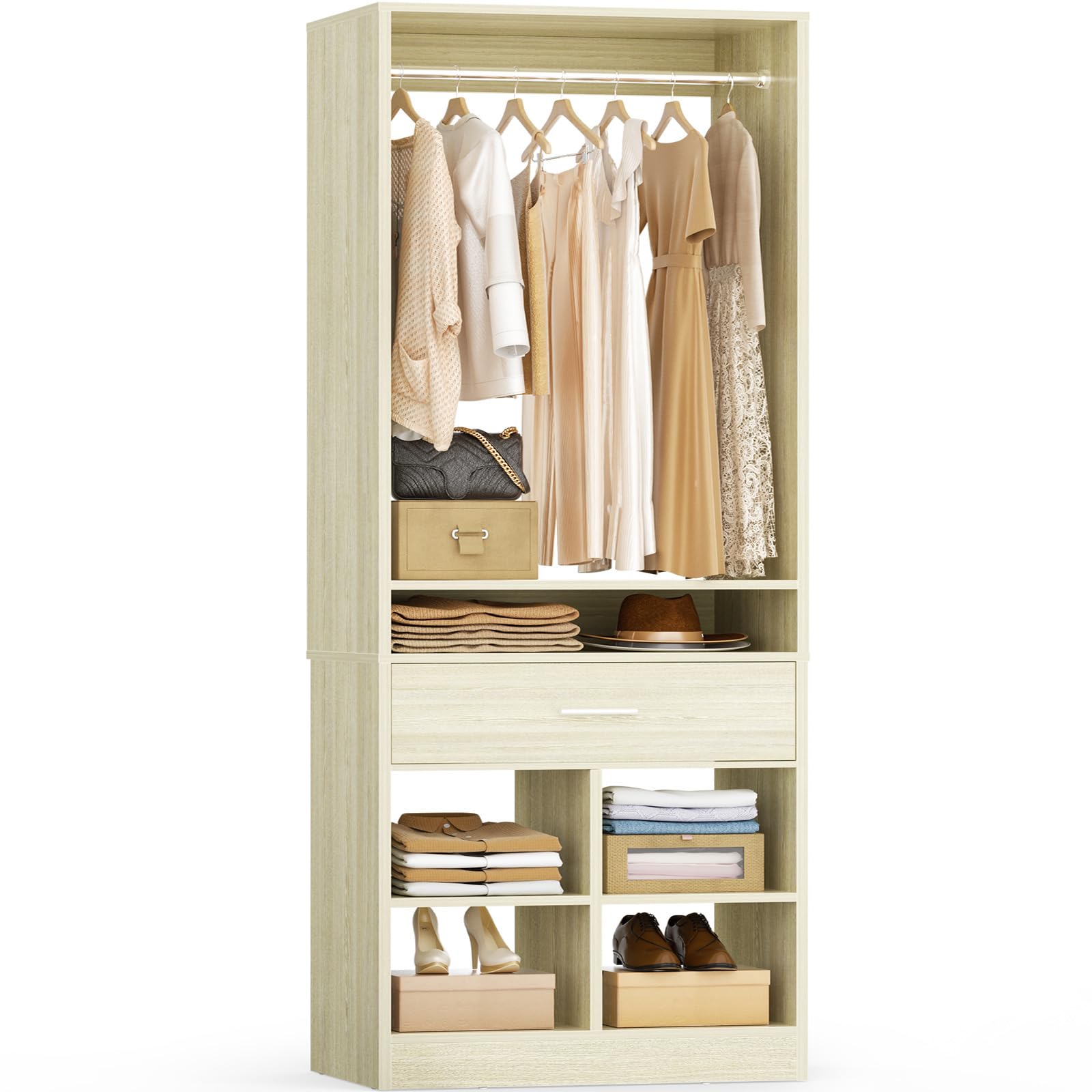 Freestanding Closet System with Wood Drawer and 4 Cubby Storage