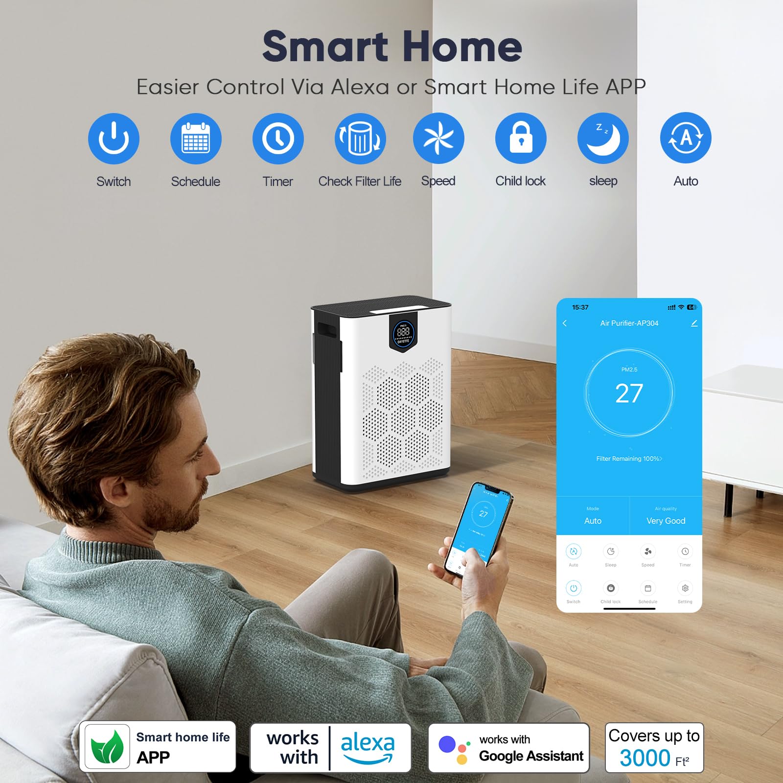 Smart Wifi Air Purifiers for Home Large Room Up to 3000 Ft²