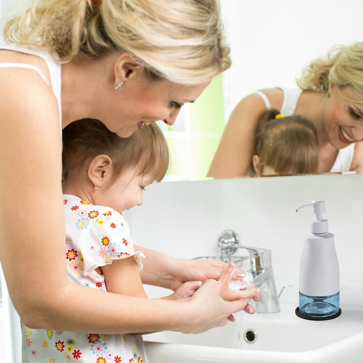 White Soap Dispenser with Coaster and Stickers