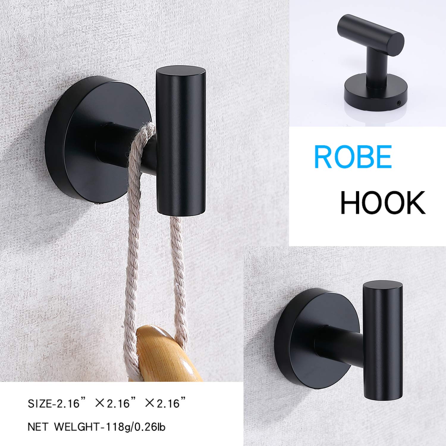 Matte Black Bathroom Towel Coat Hook Stainless Steel (2 Count)