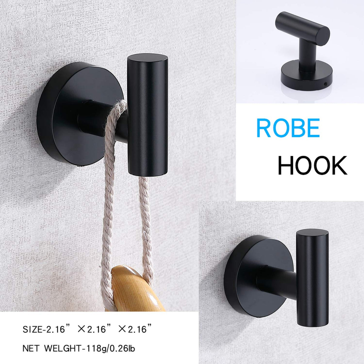 Matte Black Bathroom Towel Coat Hook Stainless Steel (2 Count)