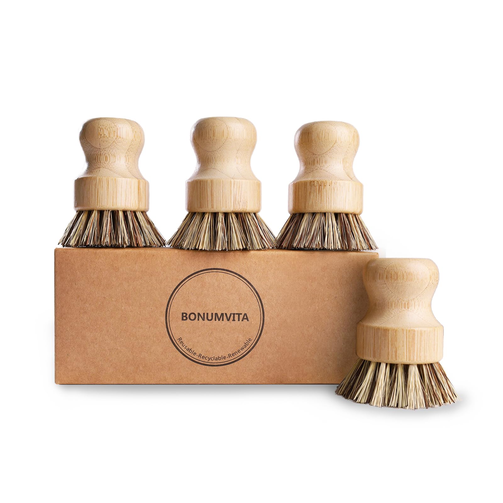 BOMUMVITA 4 Pack Bamboo Dish Brush with Palm Fiber (4 Count)