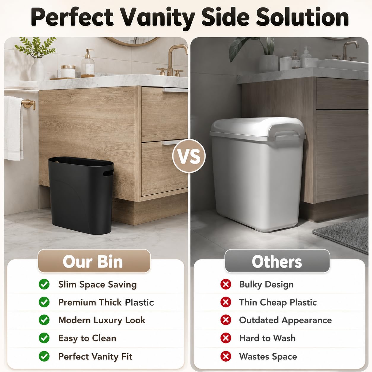 Small Trash Can Plastic Bathroom Wastebasket 3.2 Gallon Slim Garbage Container Bin with Handle for Home Kitchen Bathroom Bedroom Office (2 Count)