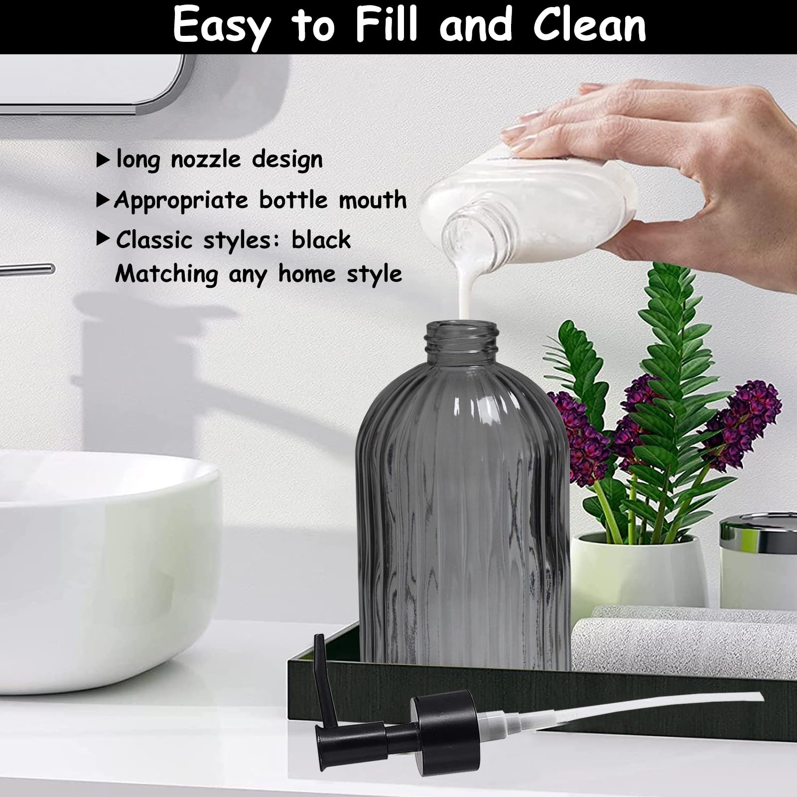 Grey Glass Soap Dispenser with Black Plastic Pump