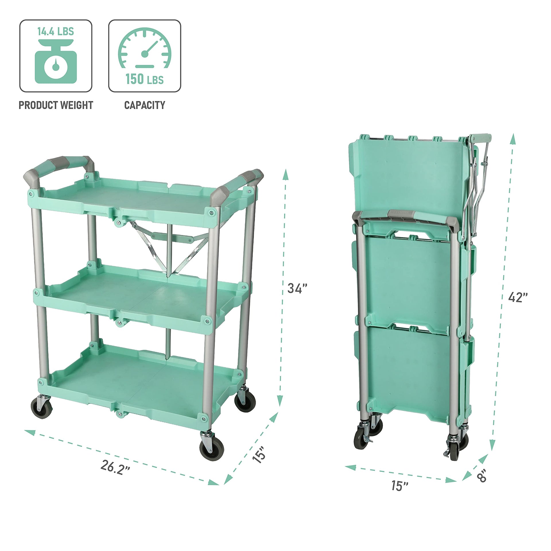 89-349 Pack-N-Roll Folding Collapsible Service Cart, 150LB Capacity, Teal
