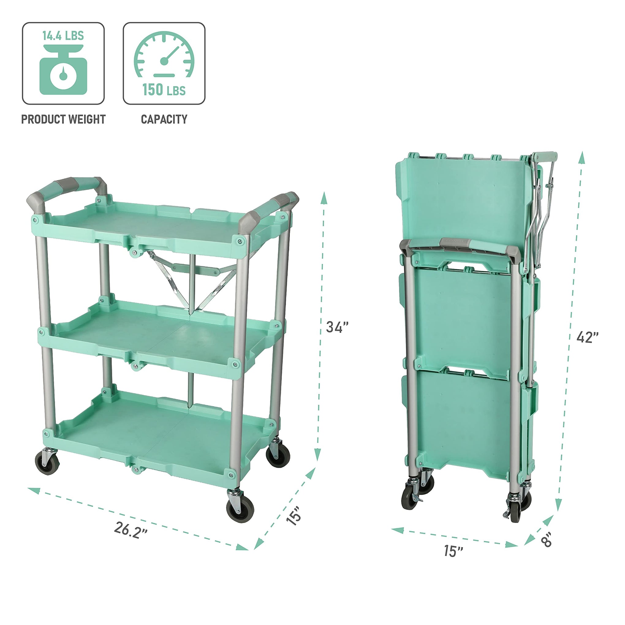 89-349 Pack-N-Roll Folding Collapsible Service Cart, 150LB Capacity, Teal