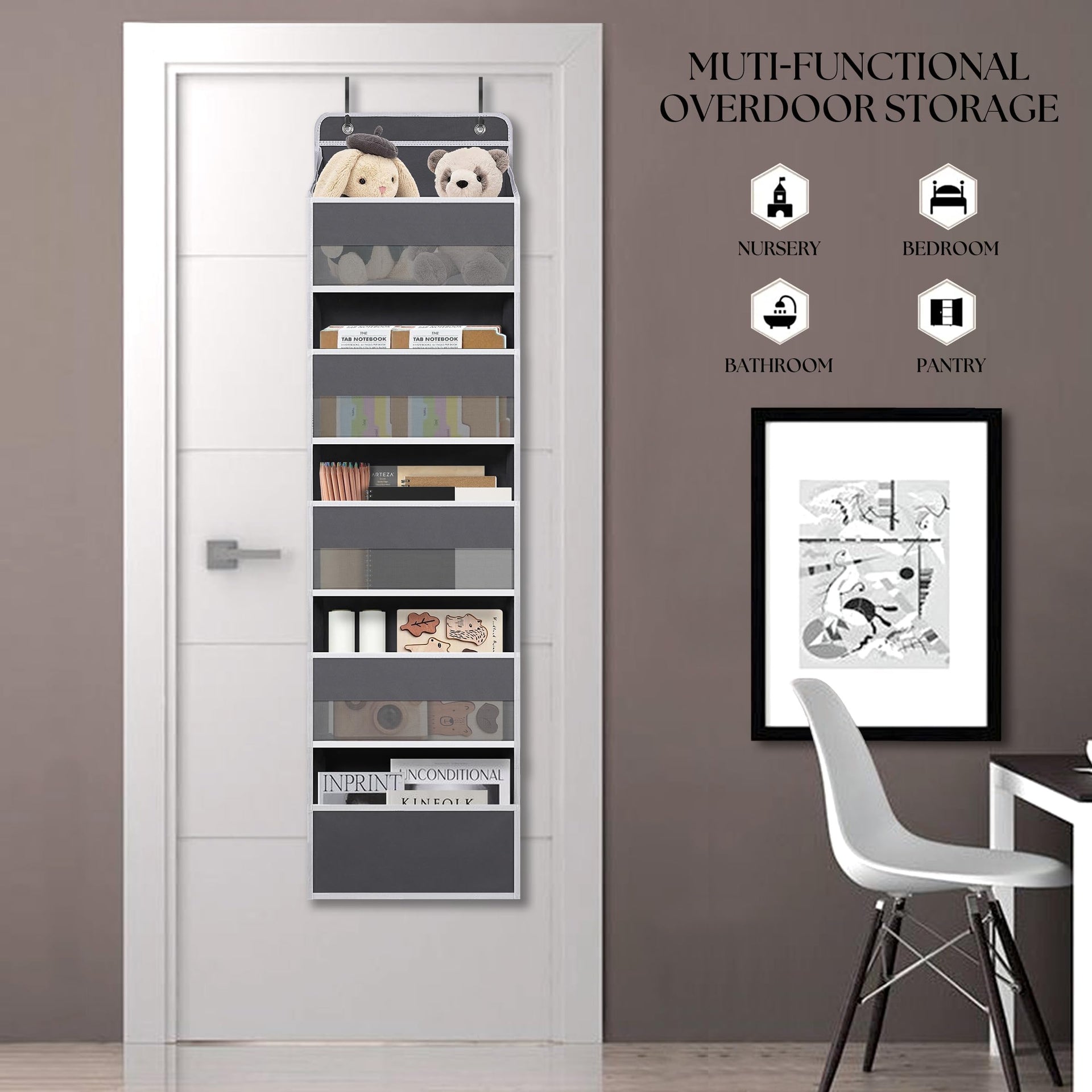 Gray Over Door Organizer with 5 Large Clear Pockets and 6 Side Mesh Pockets