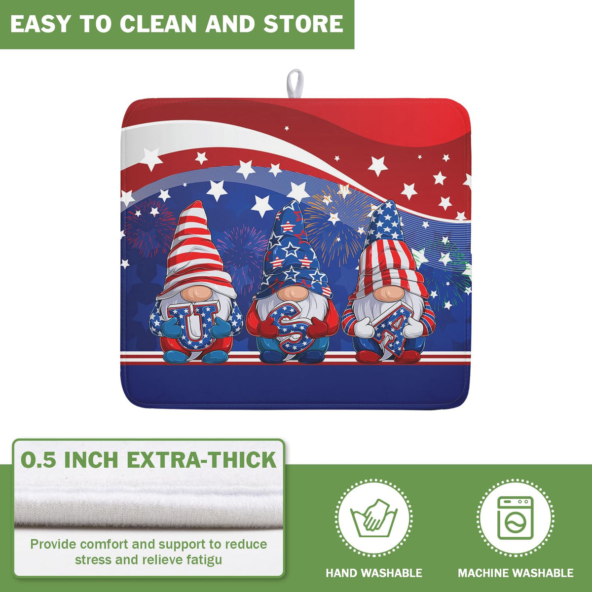 4th of July Dish Drying Mat 16x18 Inch Spring Summer Patrioti Gnome Memorial Kitchen Mats Independece Day Absorbent Dishes Pad for Kitchen Counter Usa Stars Drying Mat Home Decor Countertops
