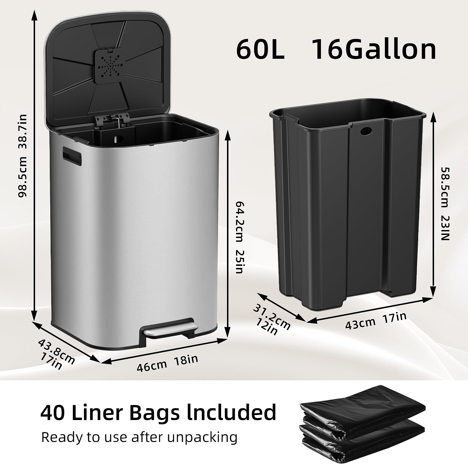 16 Gallon Kitchen Trash Can with Lid