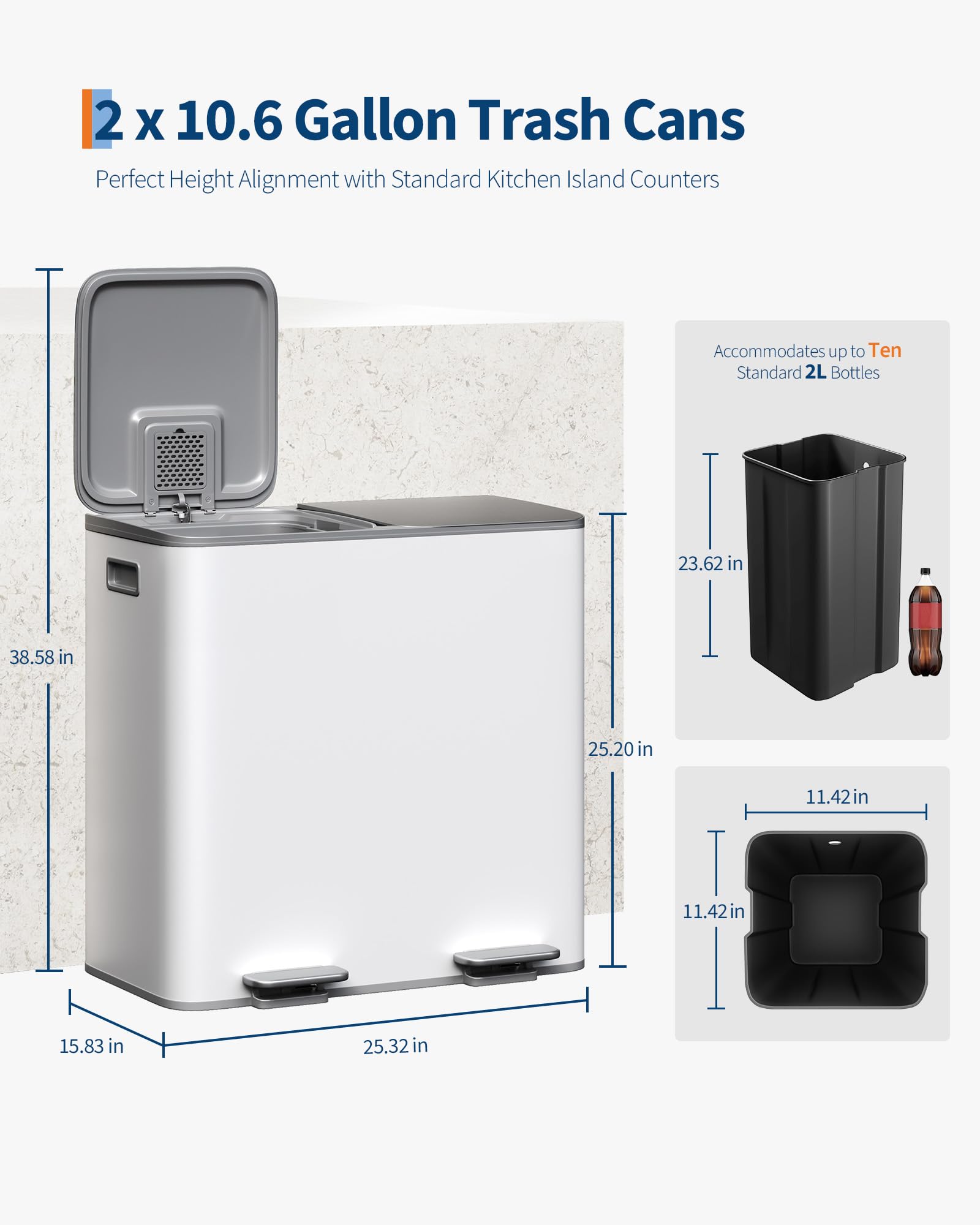 2 x 10.6 gal Stainless Steel Double Trash Can with Lid for Kitchen