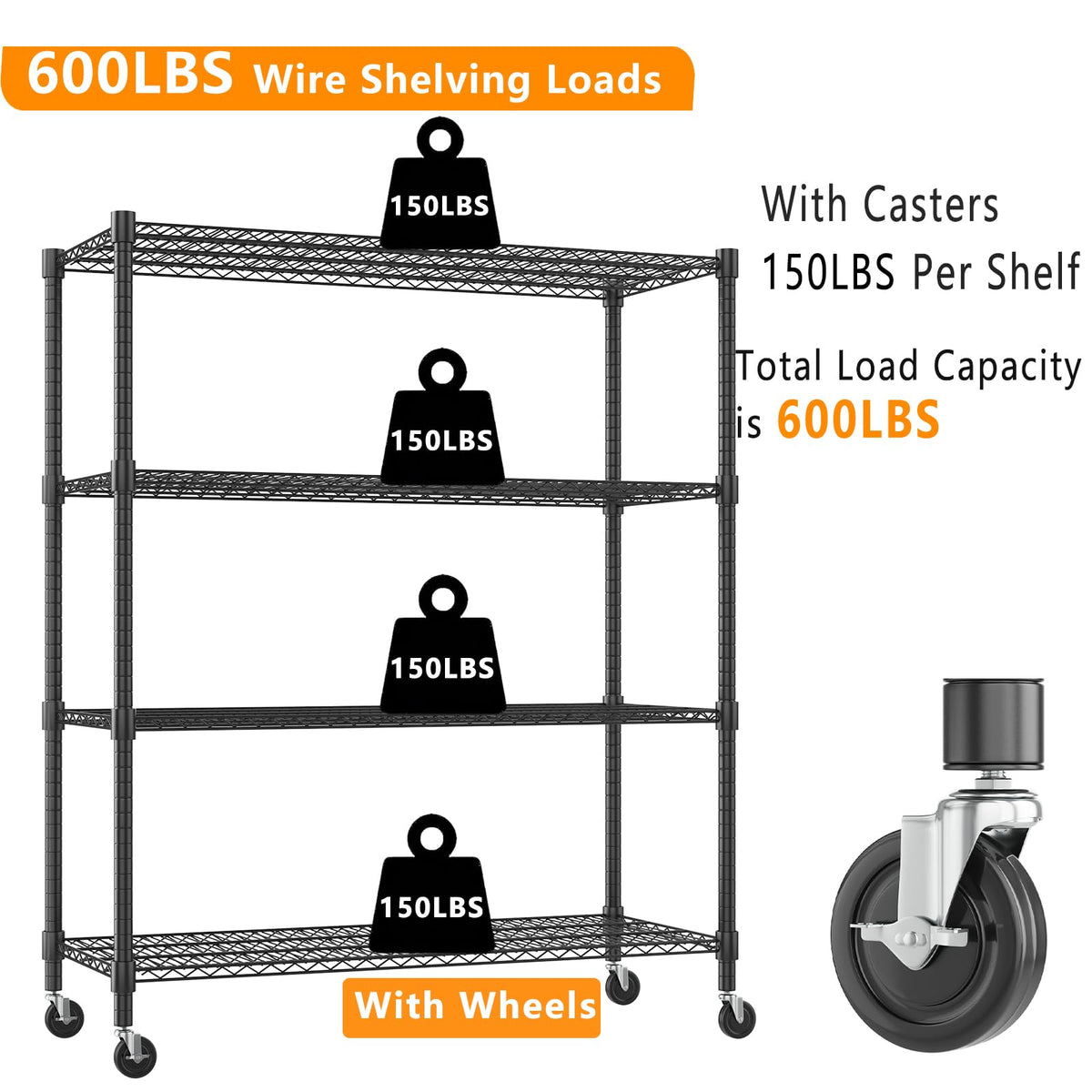 Storage Shelves 60" W Wire Shelving with Wheels 2600LBS Heavy Duty Metal Shelves for Storage