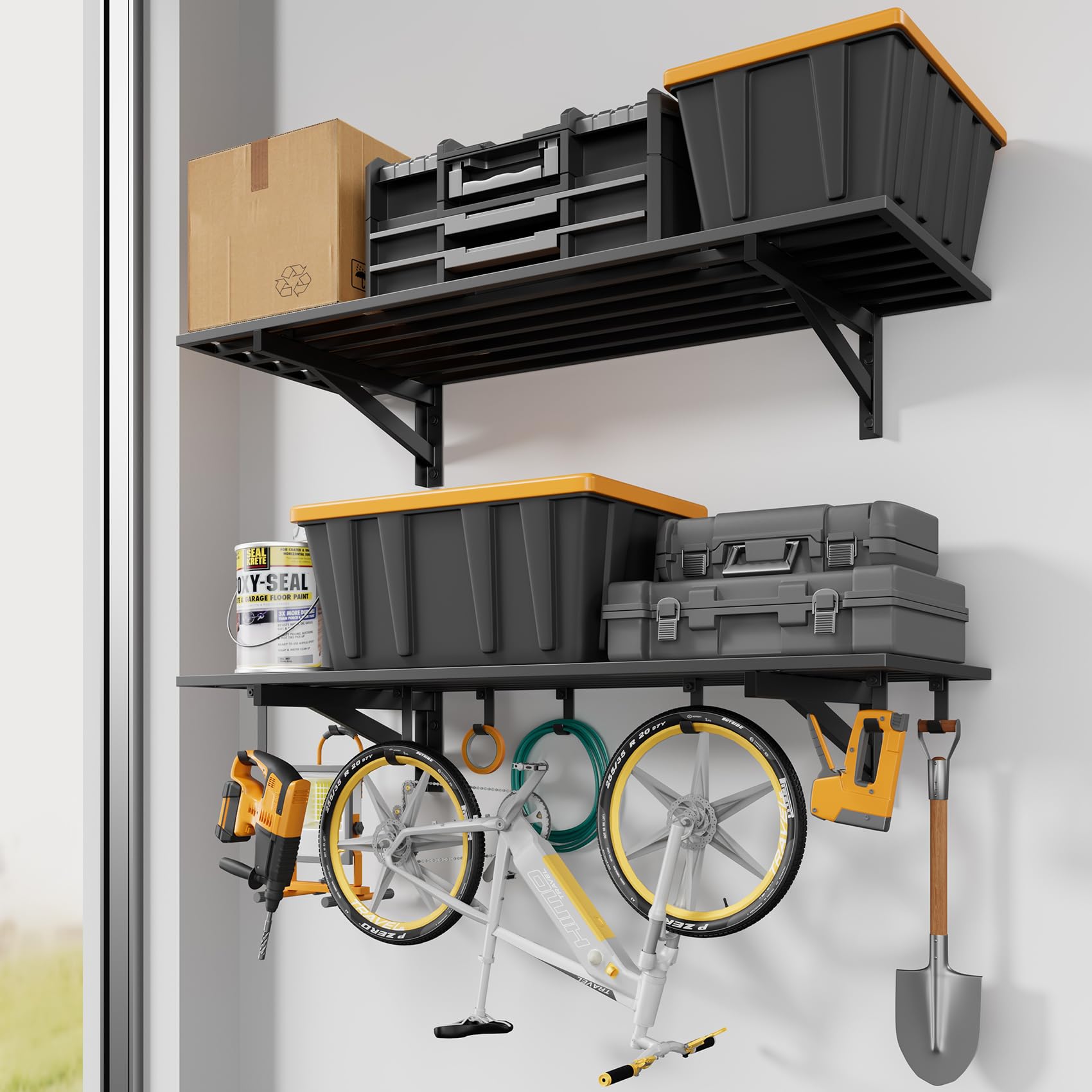 2 Pack Wall Mounted Garage Shelving with 8 Hooks (2 Count)