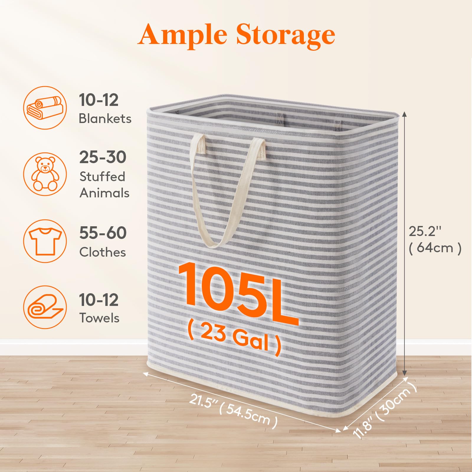 105L Large Collapsible Laundry Basket with Extended Handles