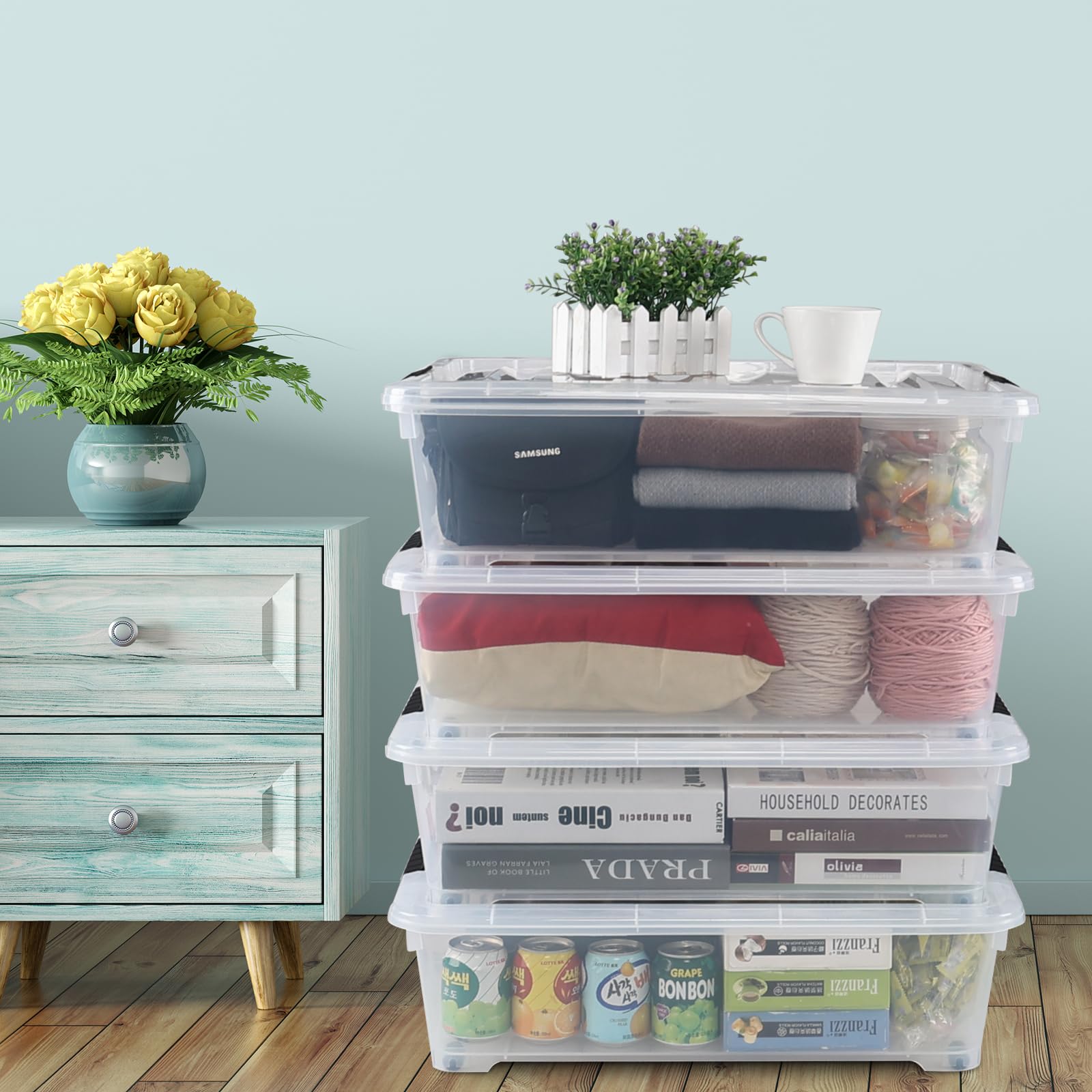 4 Pack 25 Quart Clear Under Bed Plastic Storage Bins with Wheels (4 Count)