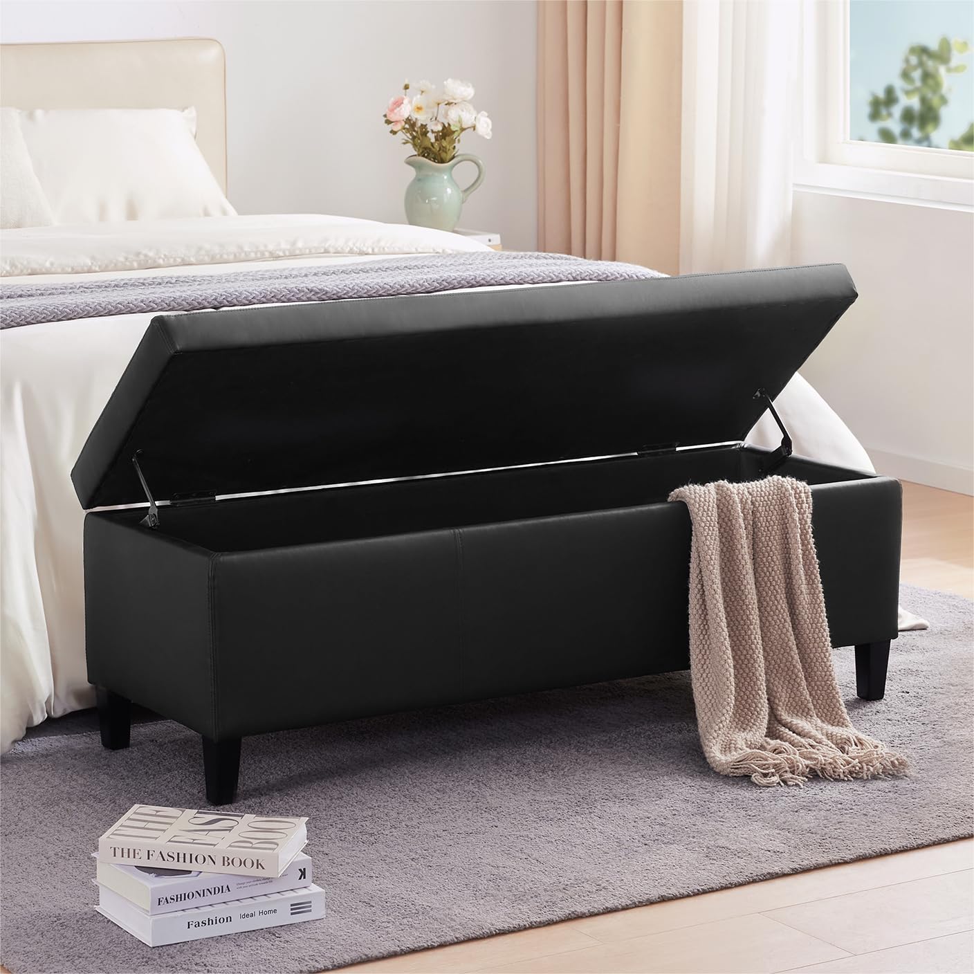 Faux Leather Storage Ottoman Bench 50.3 Inch Extra Long PU Upholstered Bedroom Bench with Large Storage Space for the Living Room