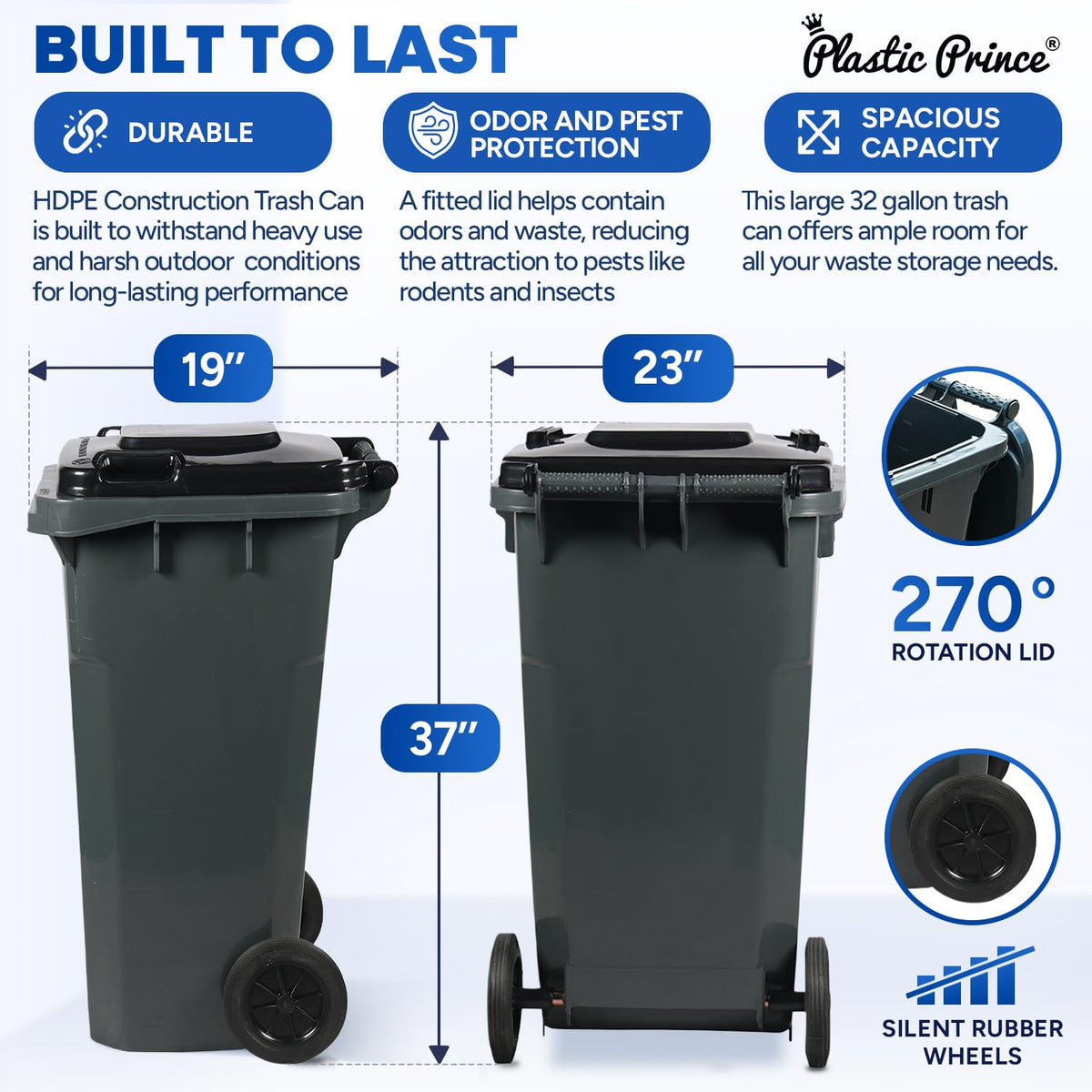 32 Gallon Trash Can with Wheels Outdoor Trash Can with Lid Heavy