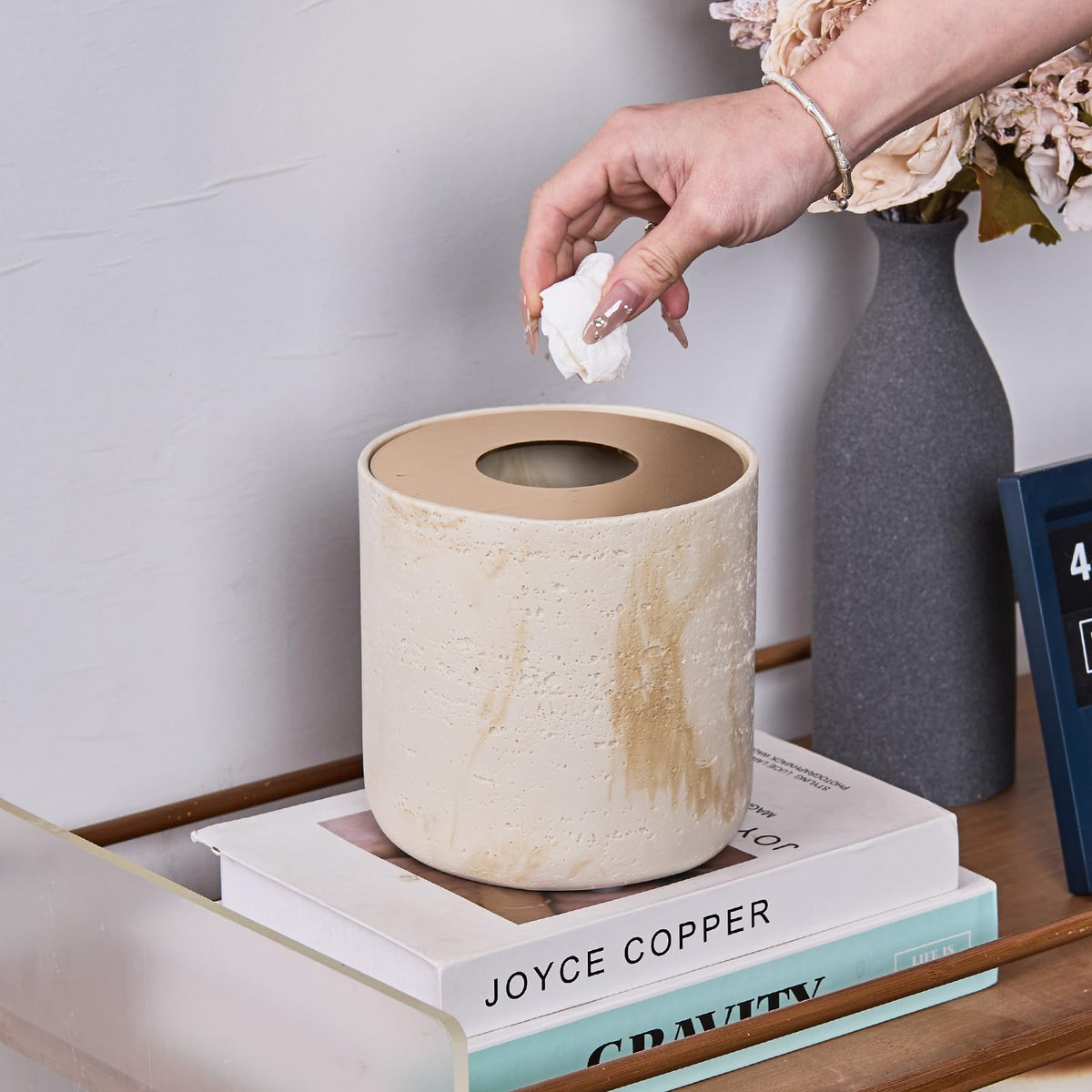 Natural Travertine Textures Mini Trash Can with Rose Gold Stainless Steel Lid