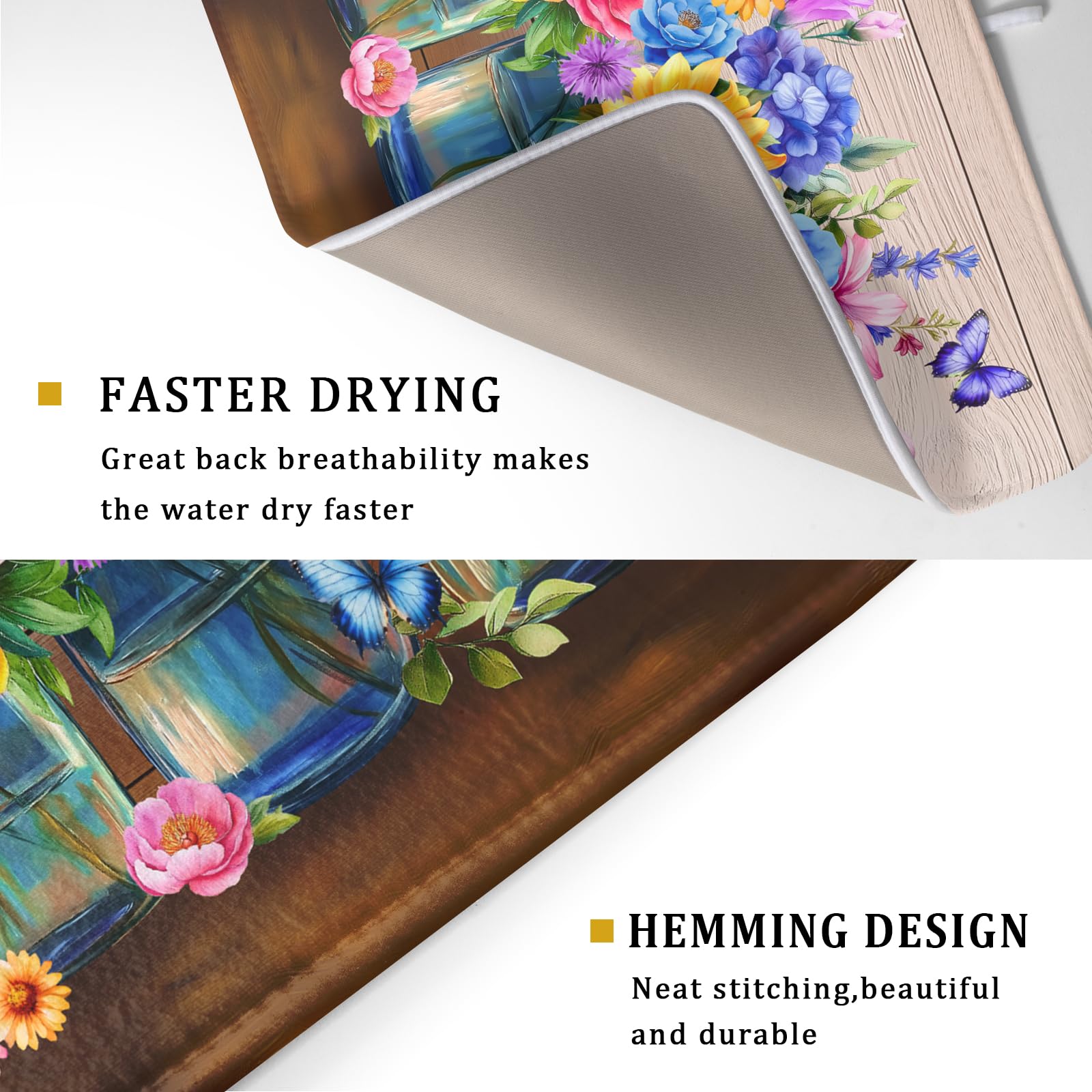 Summer Flowers Dish Drying Mat for Kitchen Counter 18x24in Vintage Colorful Floral Kitchen Drying Mat Soft Absorbent Microfiber Farmhouse Flowers Dish Drainer Rack Mats for Kitchen Countertops
