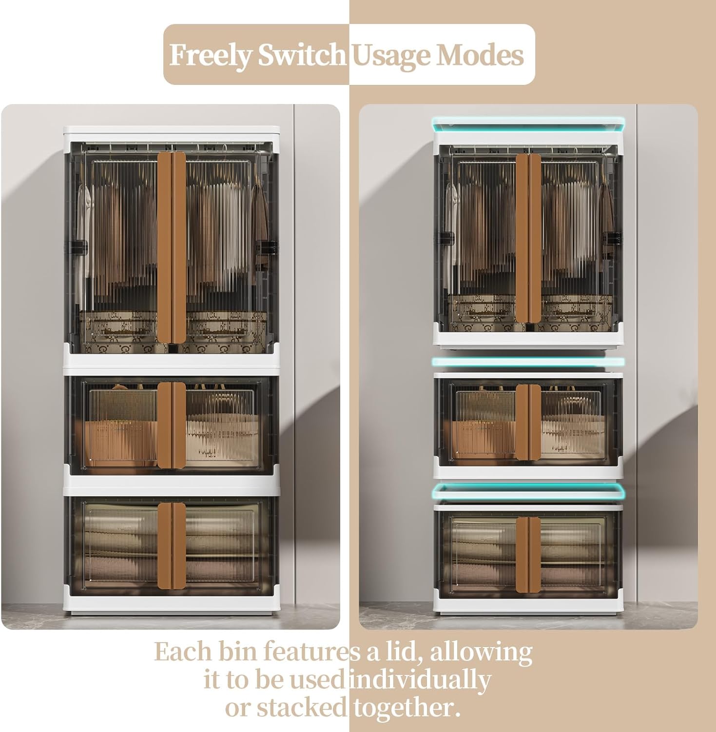 HAIXIN Closet Organizers and Storage, 77.6 Gal Stackable Bins, Wardrobe Organizer, Collapsible Clothing Storage with Closet Rod and Clothes Hangers (1 Pack 39.6 Gal and 2 Pack 19 Gal)