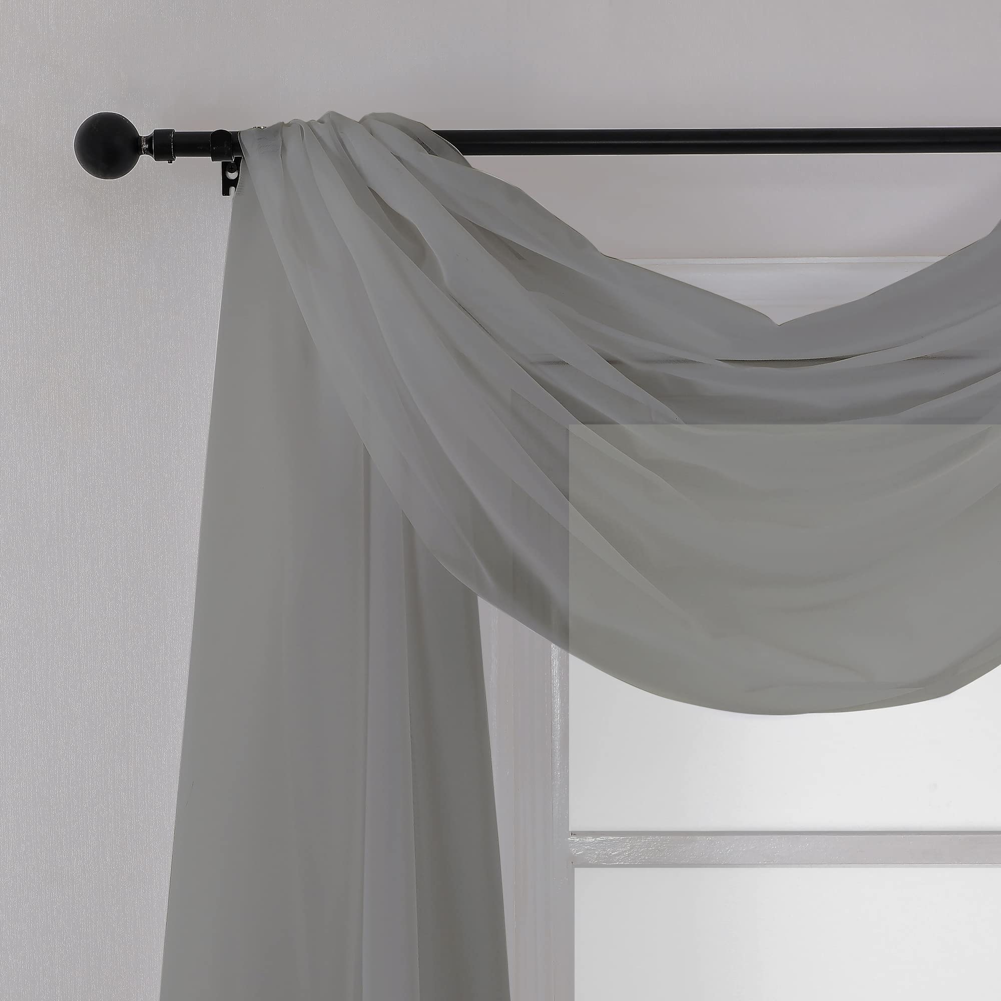Charcoal Grey Sheer Scarf Valances for Windows 216 Inch Extra Long (2 Count)