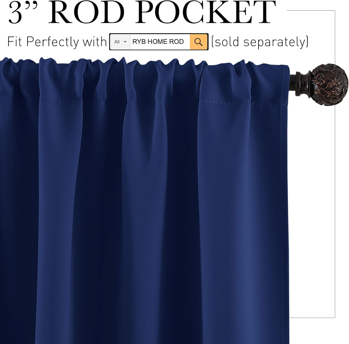 RYB HOME Small Curtains for Kitchen Window - Blackout Privacy Portable Curtain Set for Bedroom Office Bathroom Basement Garage Storage Enclosure RV Bunk, W 34 x L 30 inch, Marine Blue, 2 Pcs