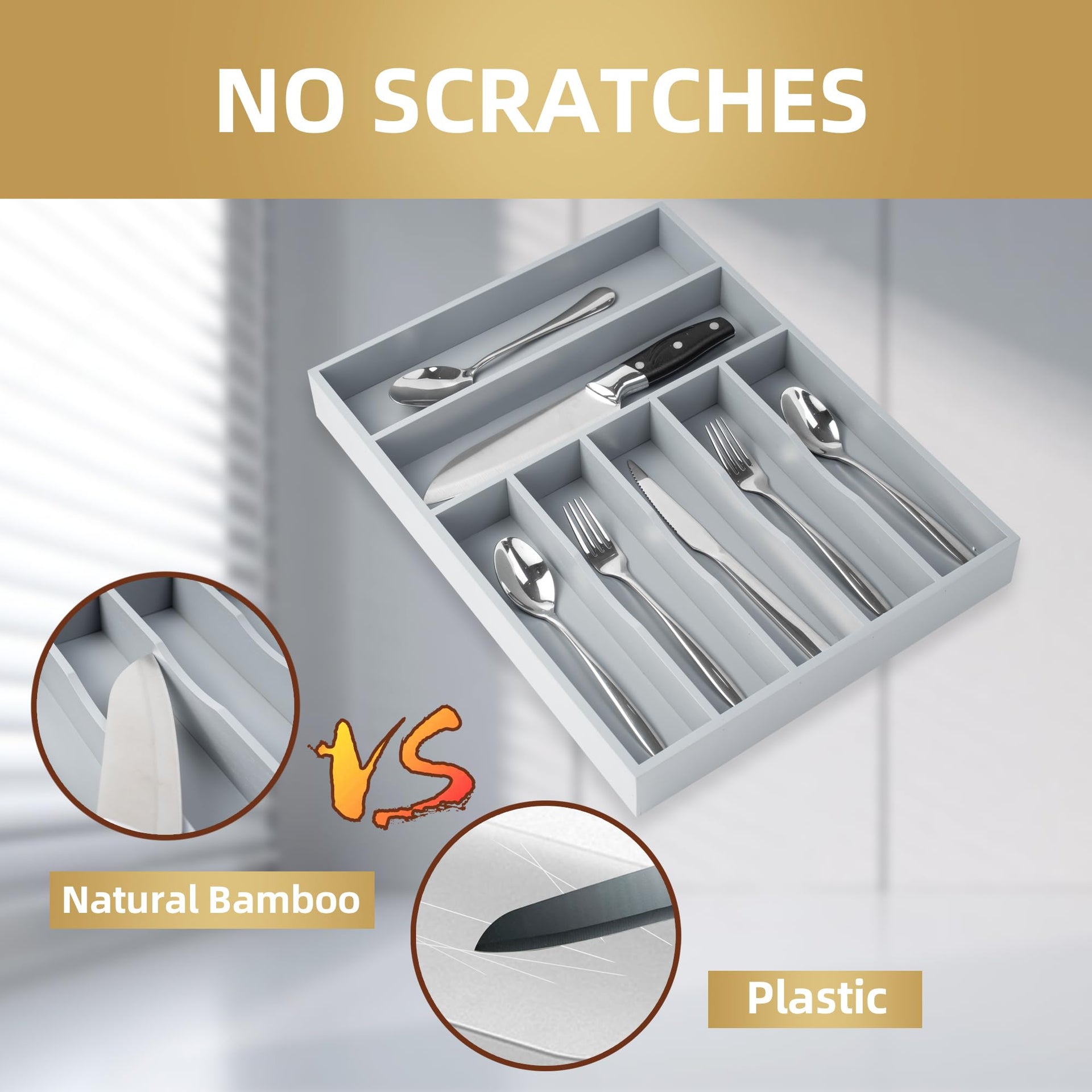 Silverware Organizer 13 Inch Gray Bamboo Kitchen Drawer Organizer 7 Slots Utensil Organizer Silverware Holder Cutlery Organizer Flatware Tray