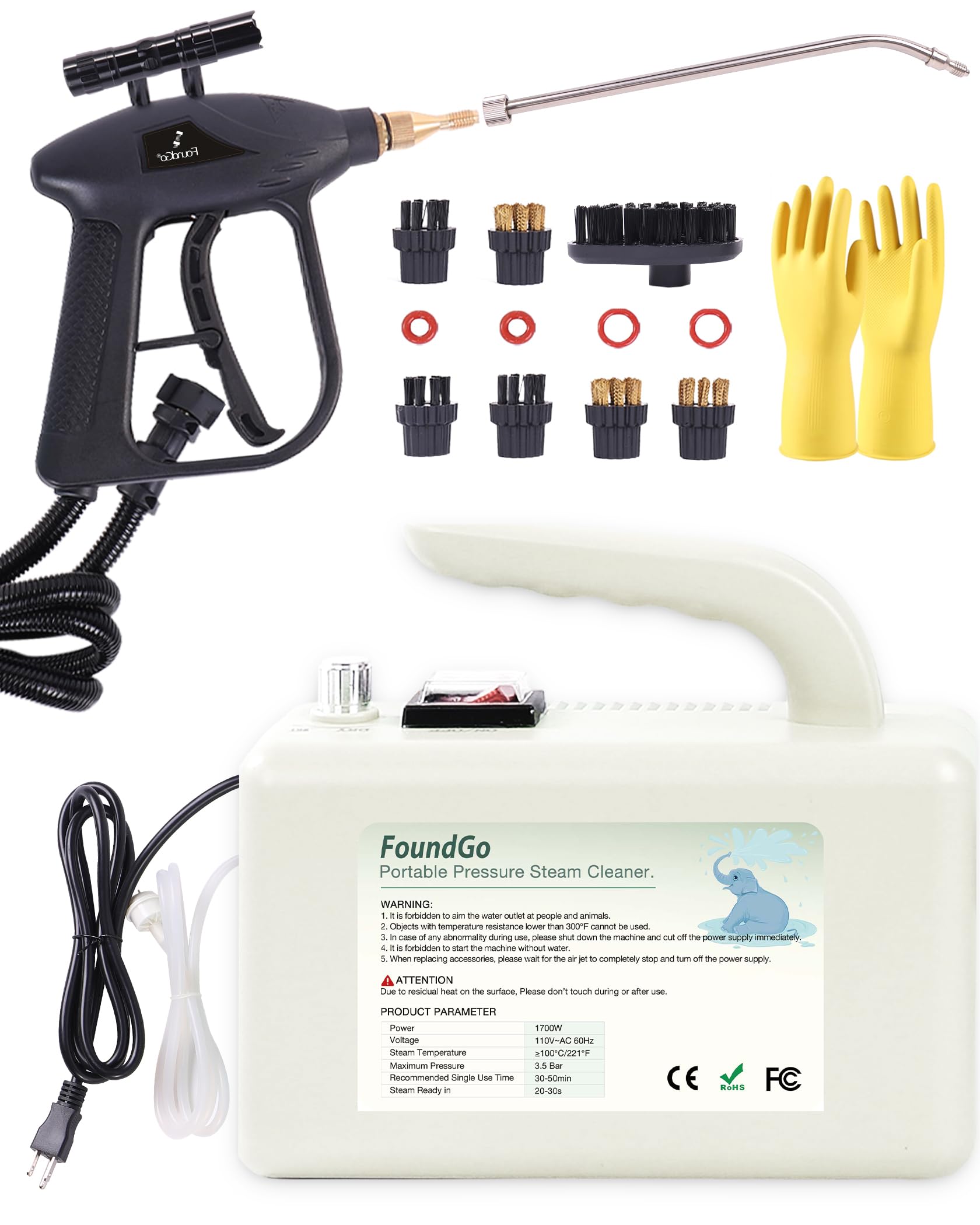 1700W Tankless Handheld Steam Cleaner with 7 Brushes 20s Heating to 239℉ Pressurized Portable Steam Cleaner
