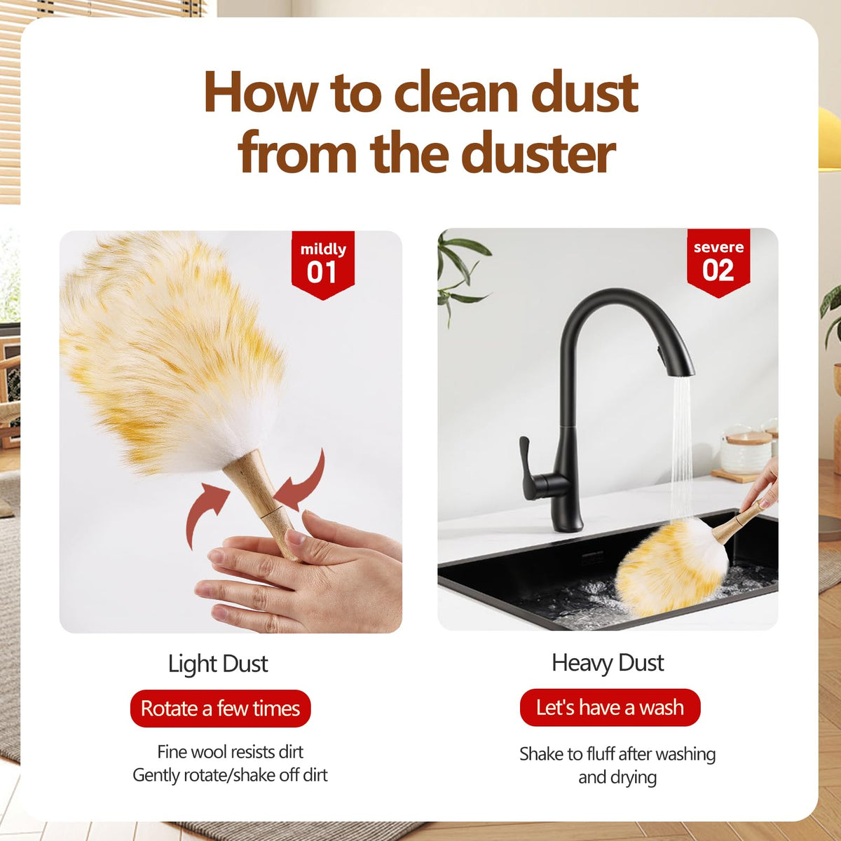 Lambswool Duster for Cleaning with Solid Wooden Handle Leather Hang Strap 14.9 inch Natural Feather Duster for Cleaning Ceiling Fans Window Blinds Computer Furniture