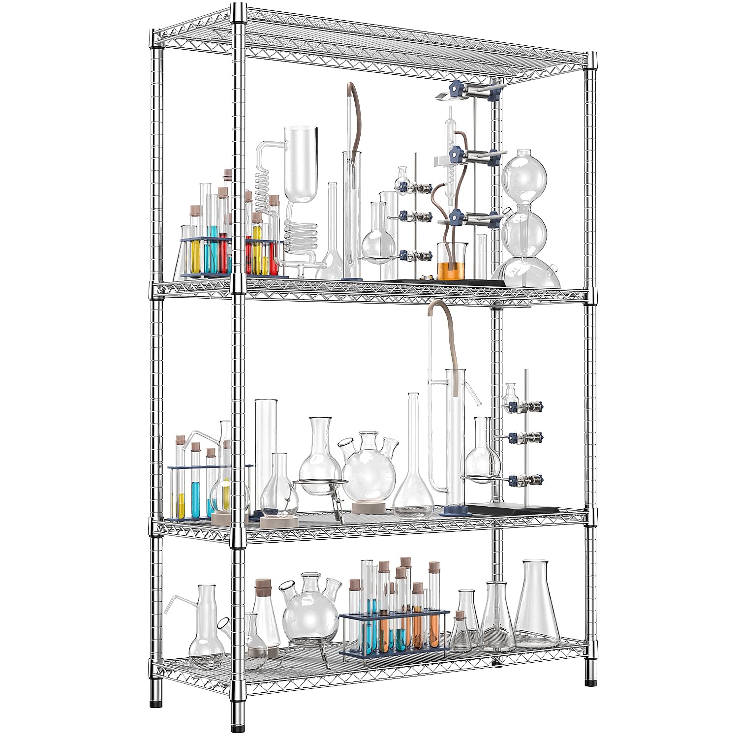 3400 LBS Garage Shelving Wide Storage Shelves 4 Tier Metal Shelves Heavy Duty Adjustable Utility Shelf Rack Chrome 17.7" D x 59.1" W x 70.4" H (4 Count)