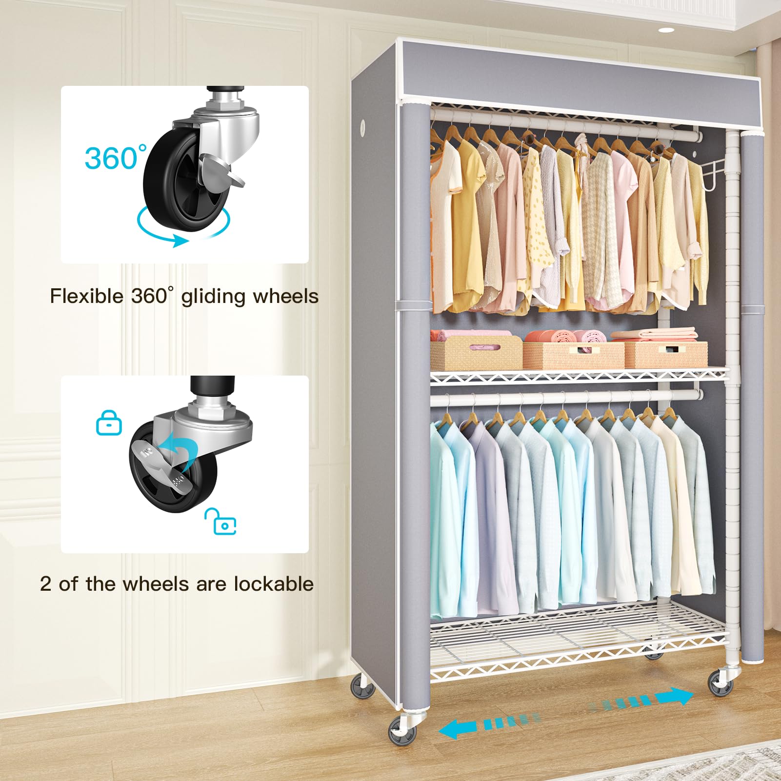 White Clothing Rack with Grey Cover
