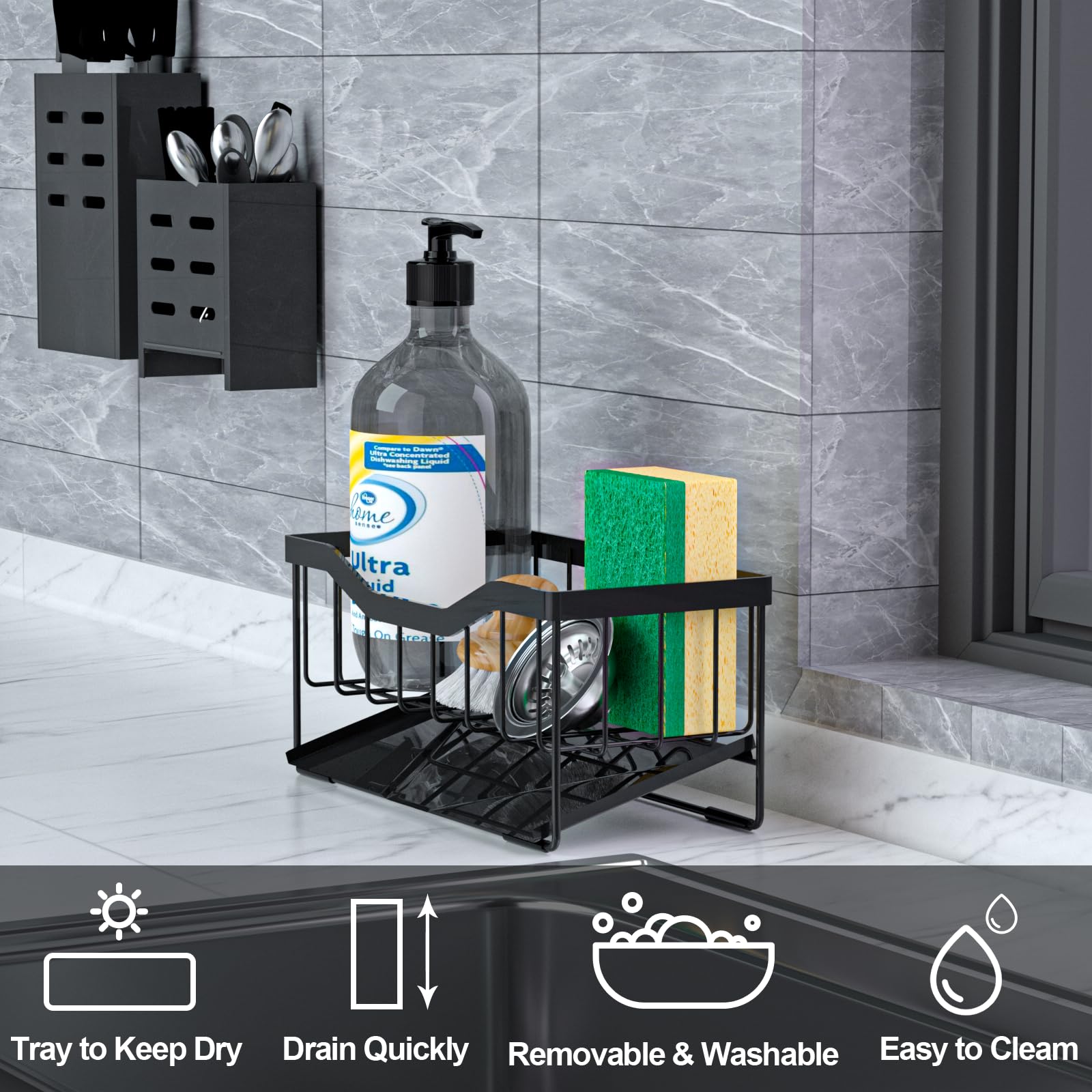 Sponge Holder for Kitchen Sink with Auto Draining Tray