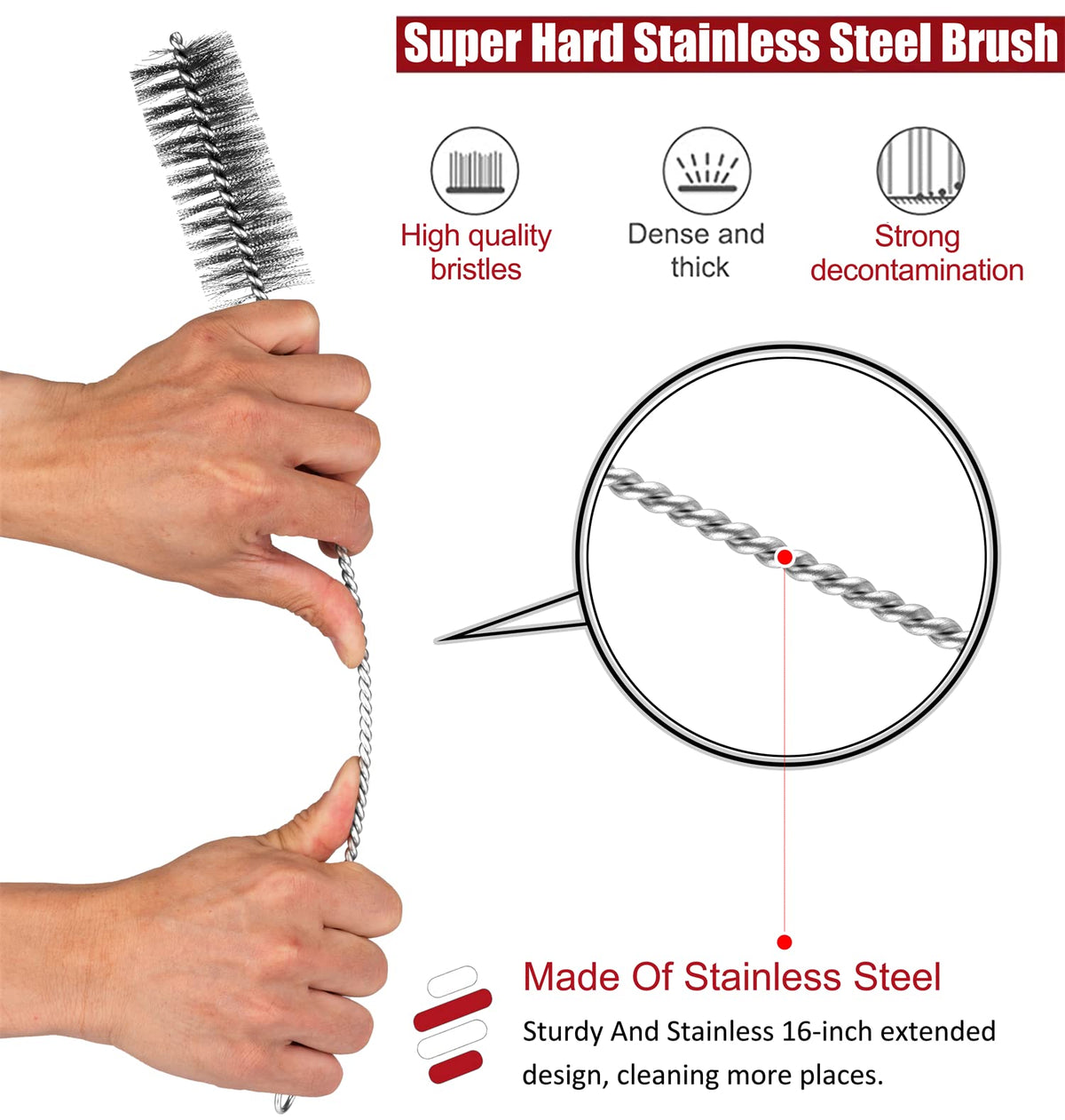 16 Inch Extra Long Pipe Cleaning Brush Set Stainless Steel Bristles