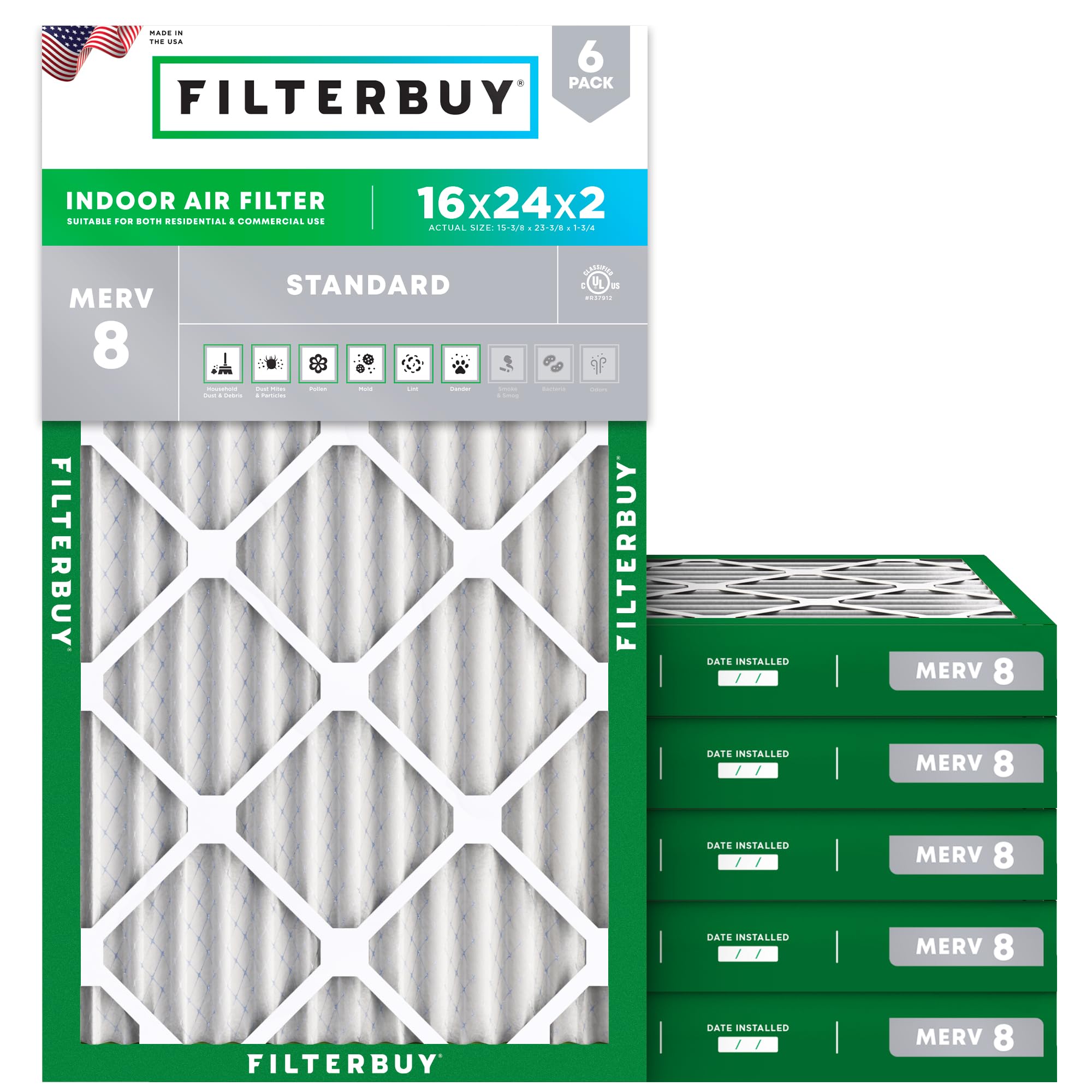 16x24x2 Air Filter MERV 8 Dust & Allergy Defense (6 Count)