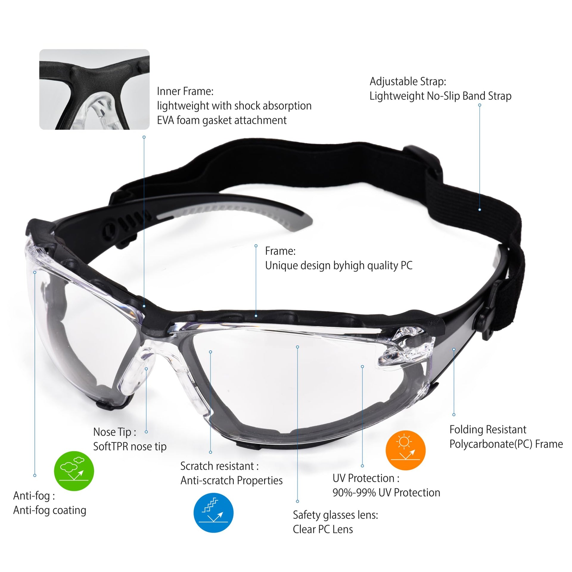 Safety Glasses Anti Fog Scratch Resistant ANSI Z87.1 CE Protective Eyewear with Foam Gasket Adjustable Strap