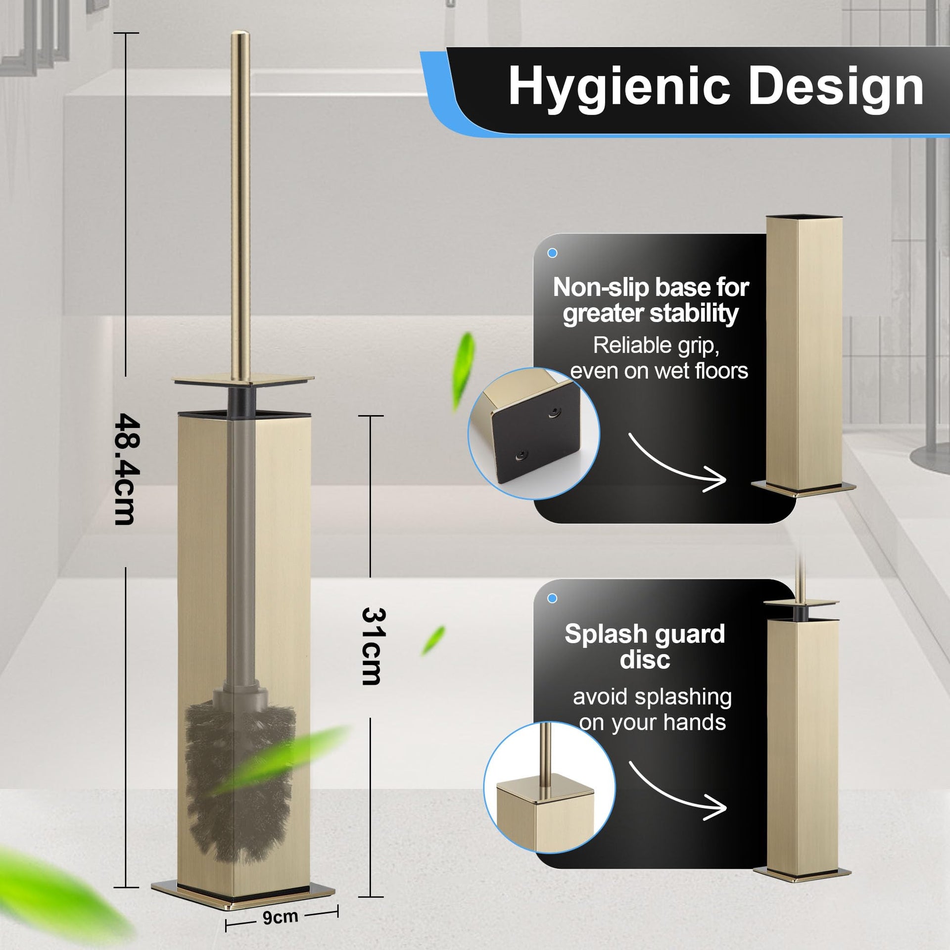 Toilet Brush and Holder Set Brushed Gold Stainless Steel 304 Square Freestanding Toilet Brush for Bathroom