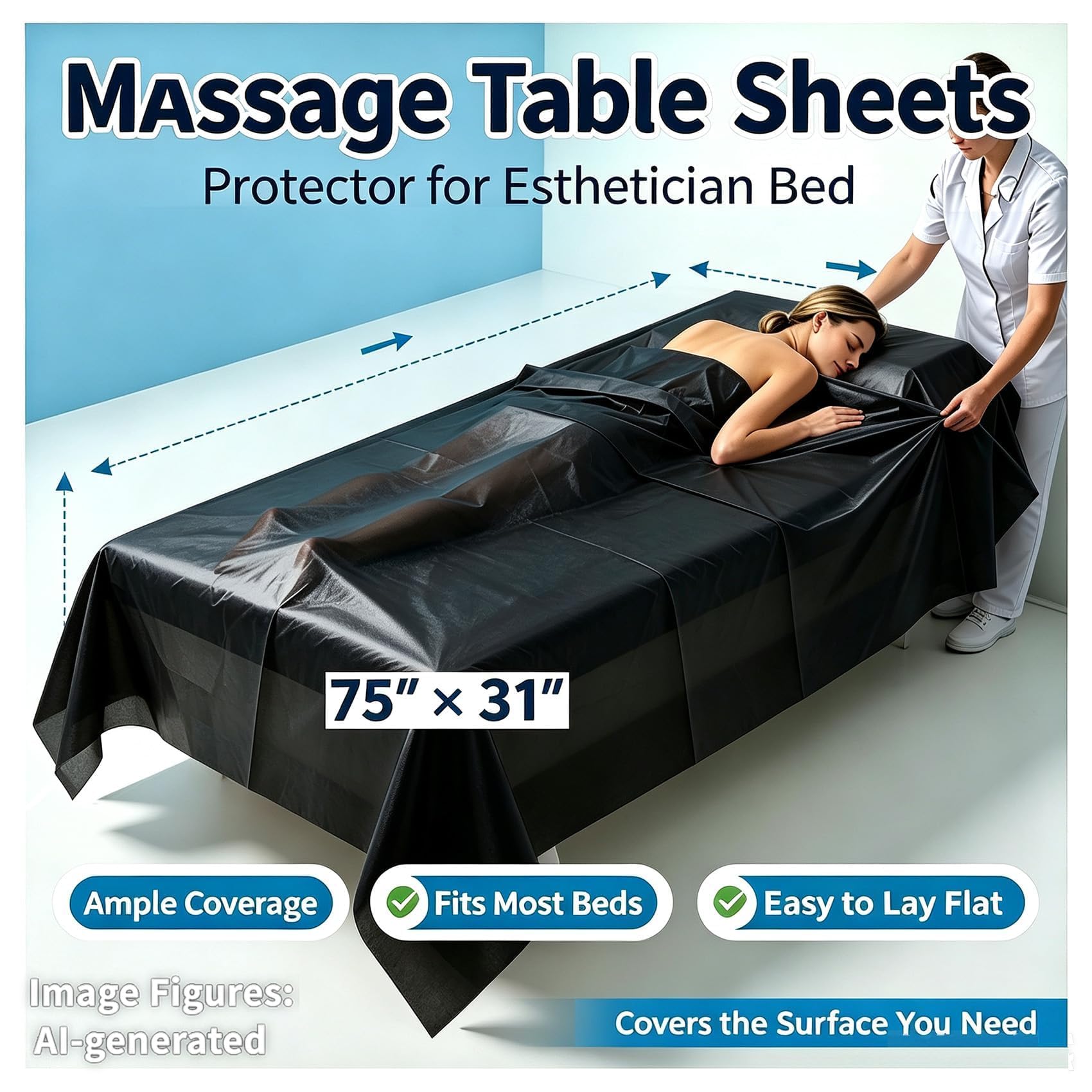 50PCS Massage Table Sheet Disposable Spa Bed Cover 75"x31" Waterproof Black (50 Count)